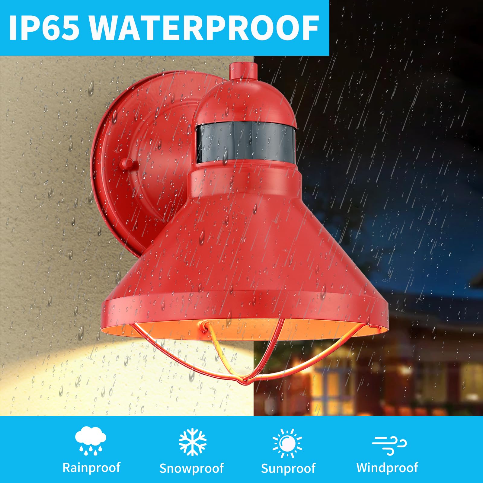 LONEDRUID Motion Sensor Outdoor LED Wall Sconce - Waterproof Red Barn Light, Dusk to Dawn, Model LS-MS-OW, Wall Mount for Porch & Garage