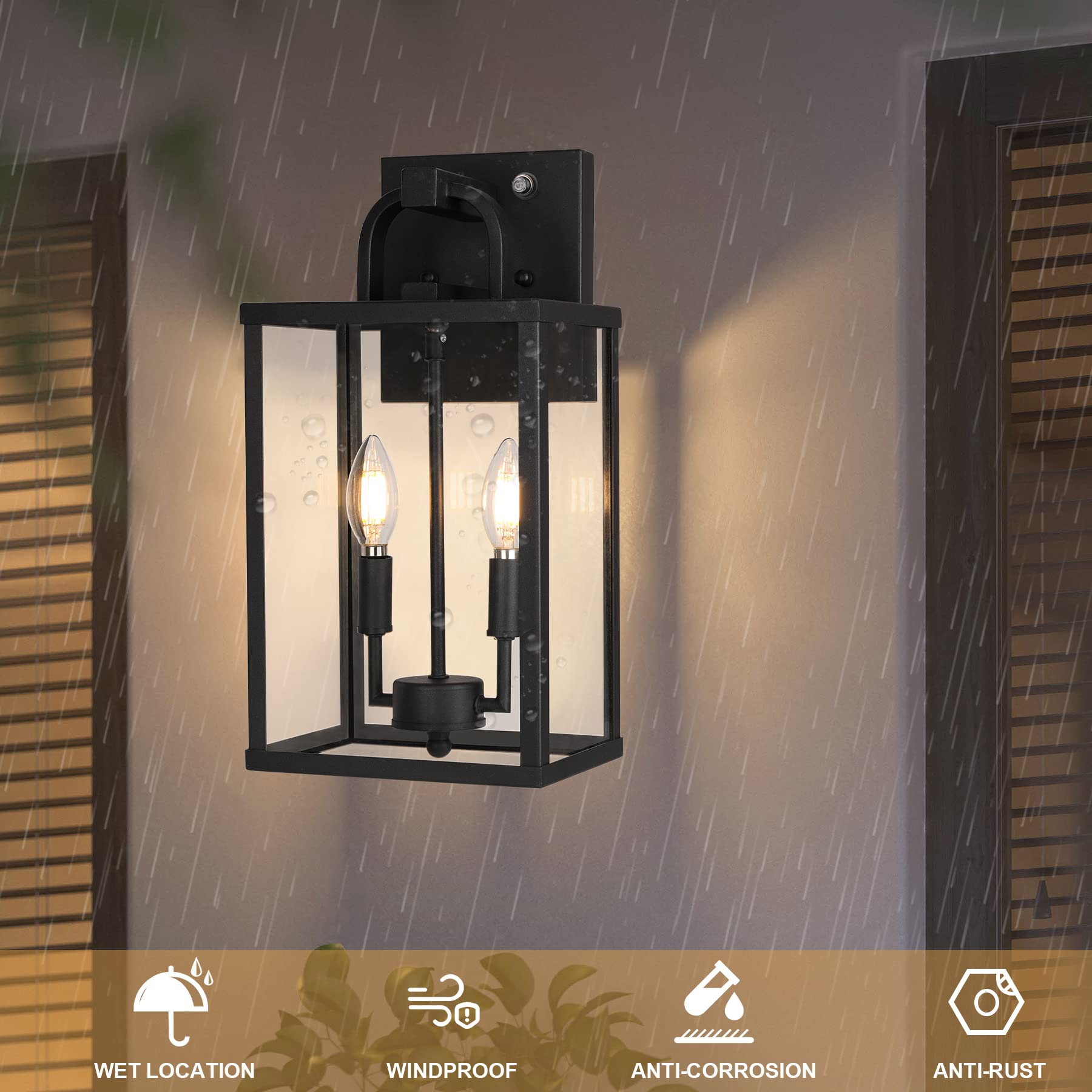 PARTPHONER Outdoor Light Fixture, 2-Light Dusk to Dawn Metal Wall Lantern, Clear Glass, Farmhouse Style for Porch, Entryway, Garage