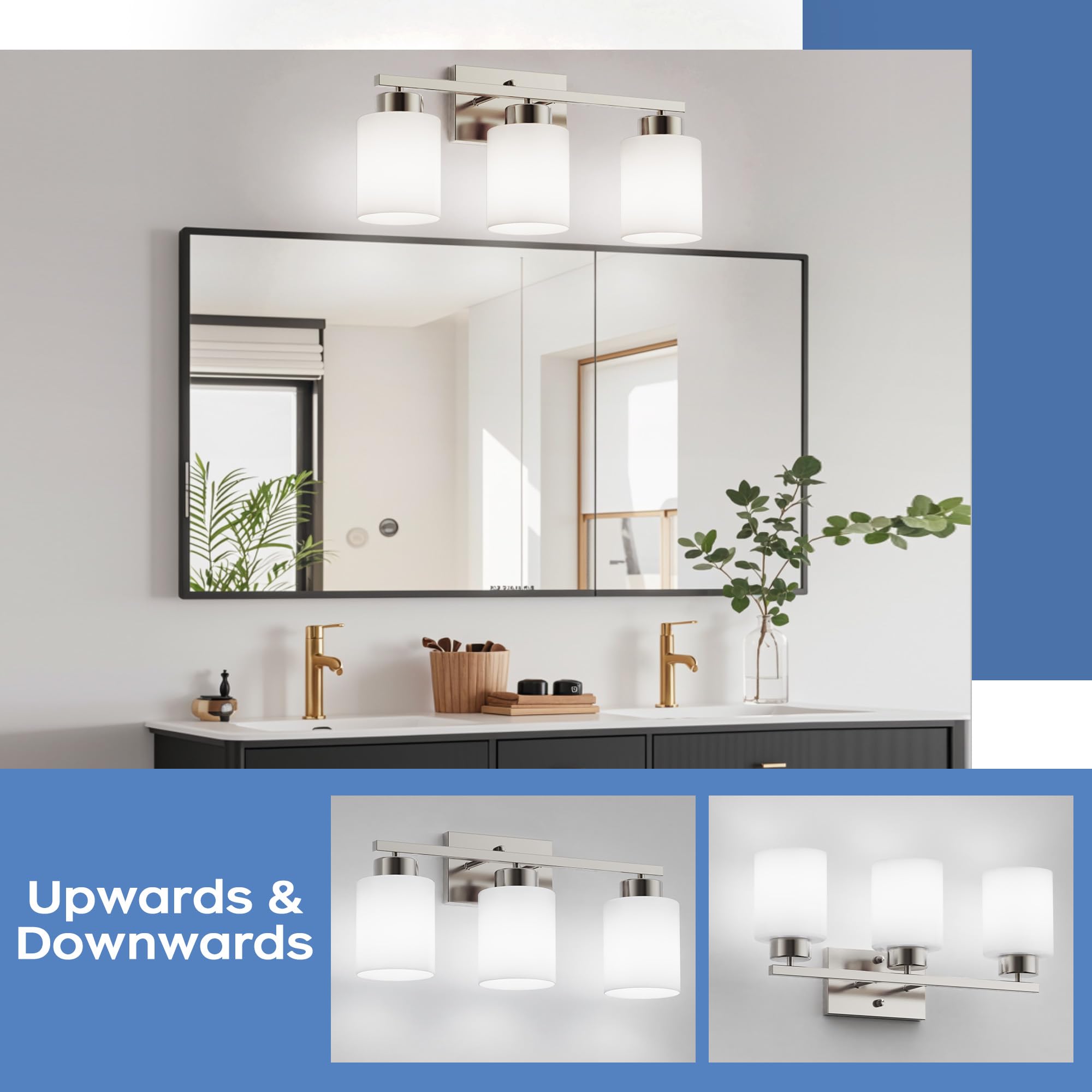 Partphoner 3-Light Brushed Nickel Bathroom Light Fixtures  Modern Vanity Light Over Mirror Lighting  Wall Sconce With Frosted Milky White Glass Shades For Bedroom Living Room Kitchen Hallway