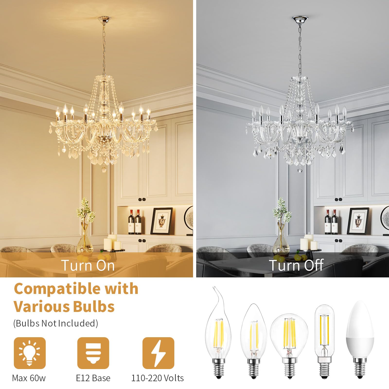ANJIADENGSHI Large Crystal Chandelier, 10-Lights, Chrome, 30.3in H x 26.8in W, Model CL-3141CH-10,