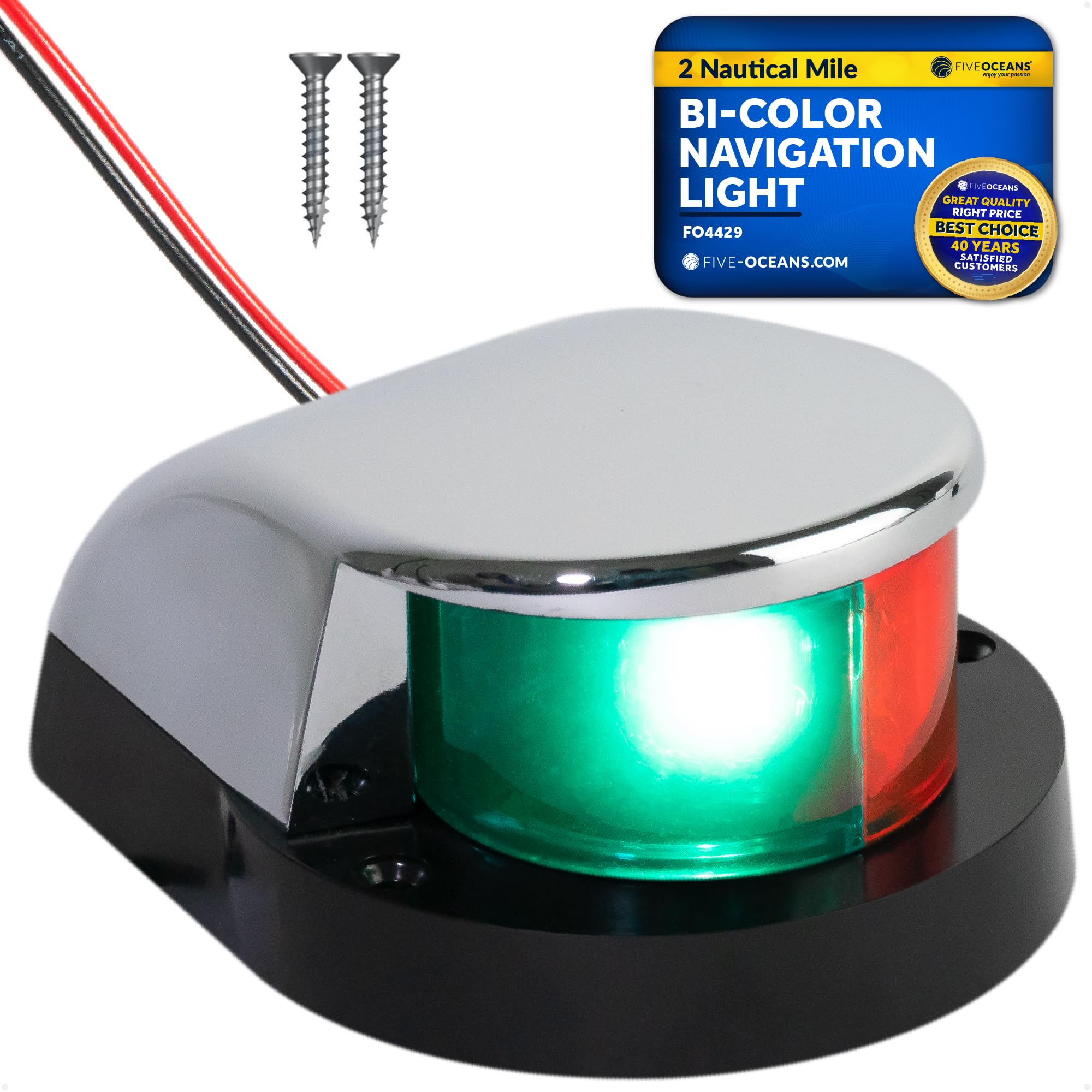 Five Oceans LED Boat Navigation Lights - Red & Green Bi-Color Bow Light, Horizontal Mount, 12V, Model FO4429, Black and Chrome Plated