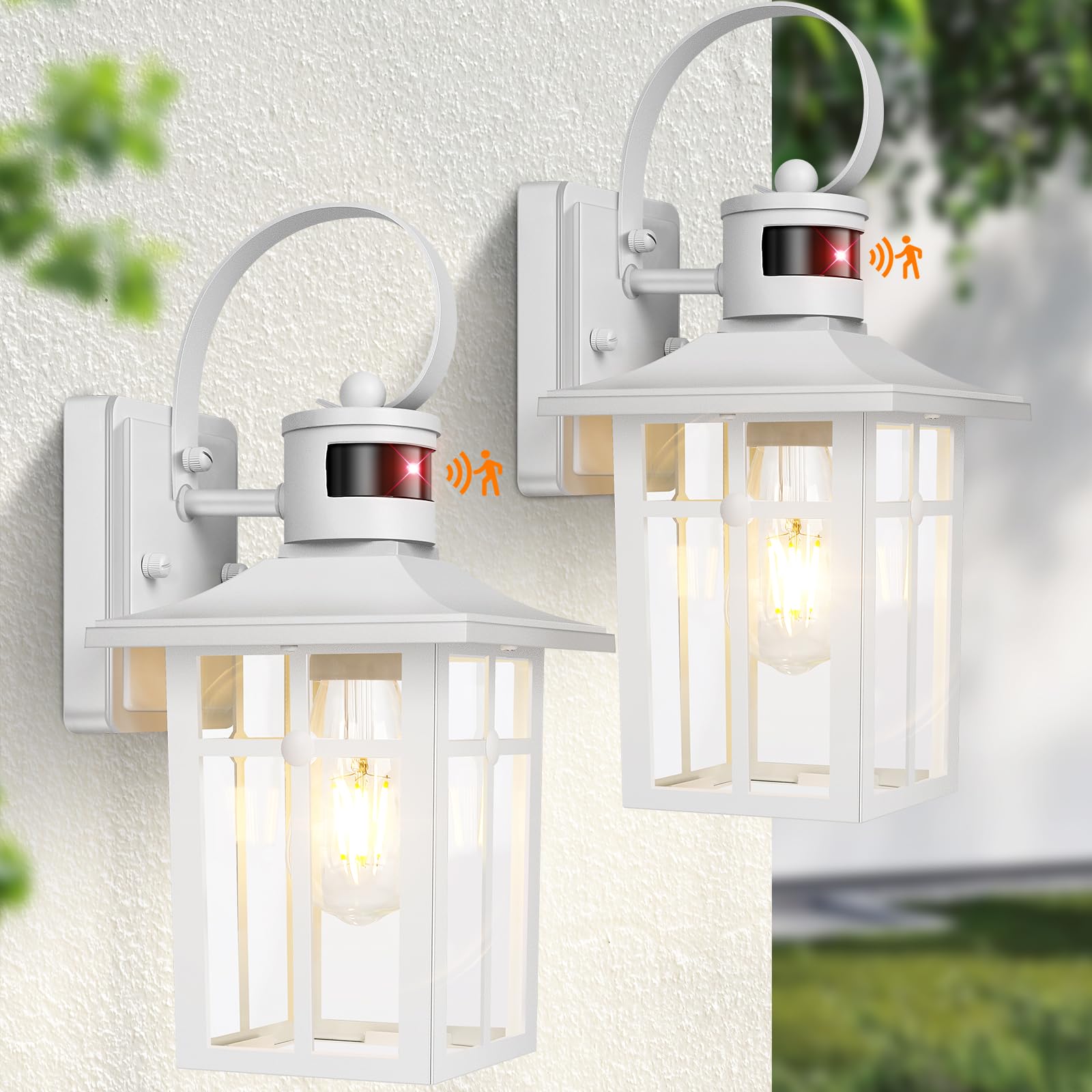 White Porch Light Fixture, 2-Pack Motion Sensor Outdoor Sconce Lights, Aluminum Outdoor Lanterns for Patio Waterproof, ETL Liste