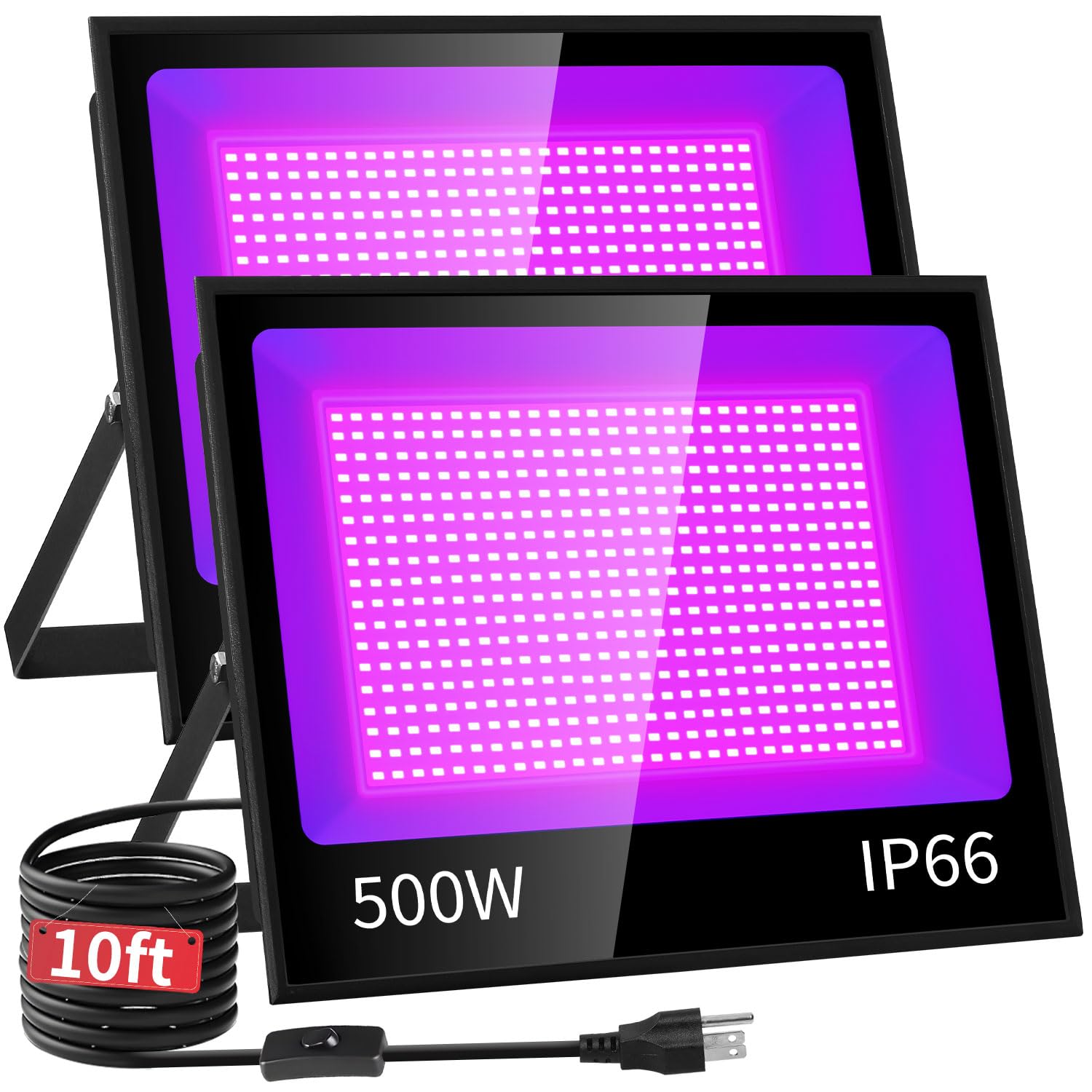 ISUERFY 500W LED Black Light Flood Light, IP66 Waterproof, 2 Pack, Aluminum, Ideal for Party, Gym, Halloween, Stage Lighting