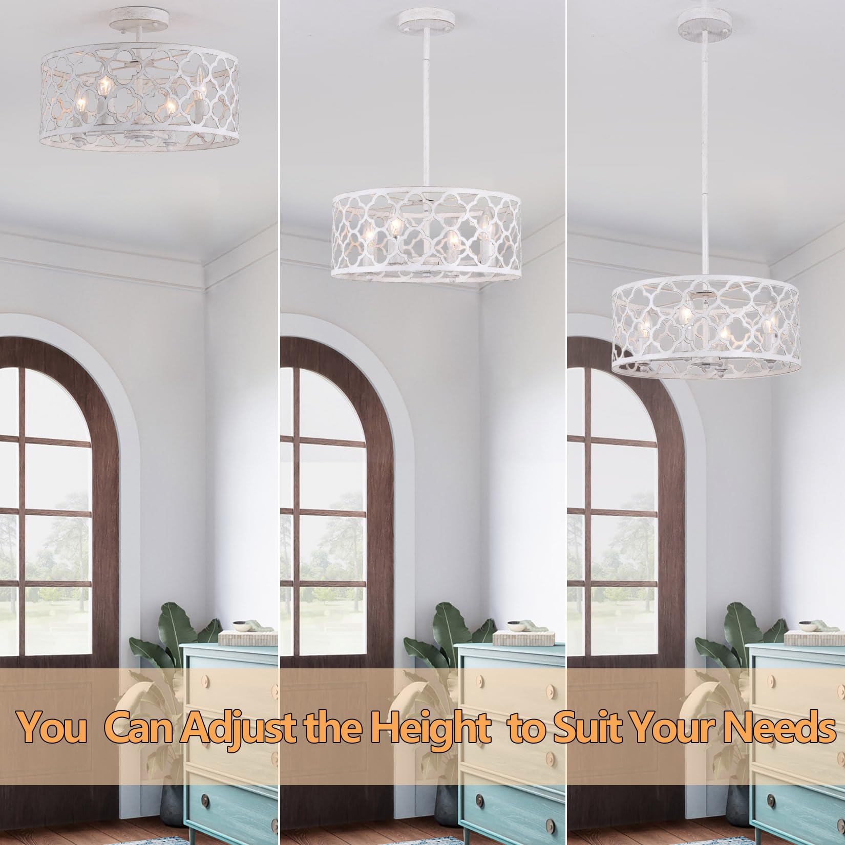 Bargeni 15&quot; Rustic Farmhouse Chandelier, 4-Light Antique White Ceiling Light For Dining & Entryway