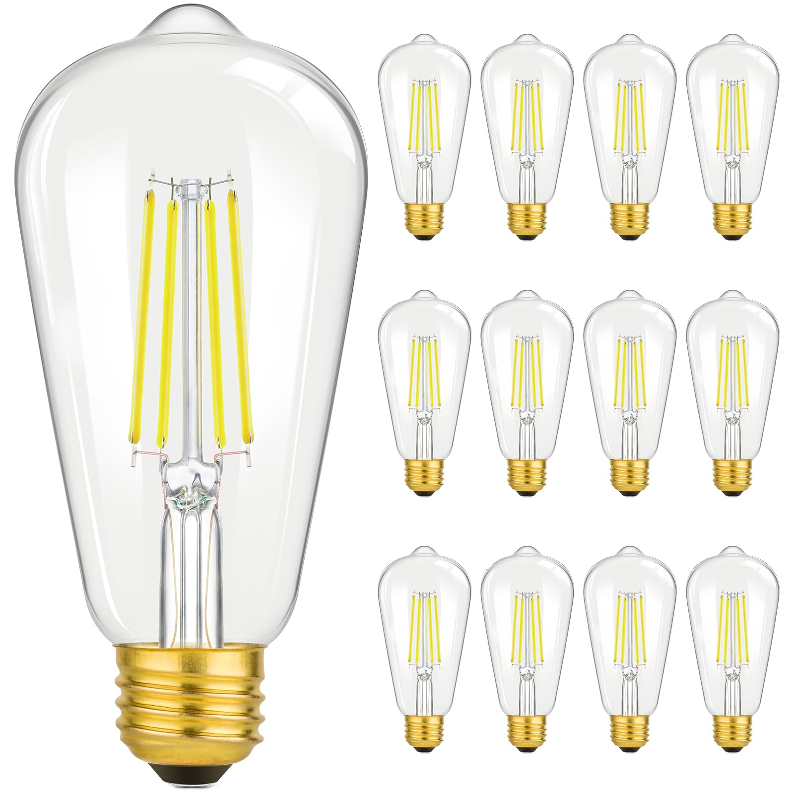 12-Pack LED Edison Bulb 100W Equivalent, Daylight White 5000K, 8W 1400 Lumens High Brightness, ST64 Vintage Filament Light Bulb, LED Antique Bulbs, CRI 90+, E26 Medium Base, Non-Dimmable
