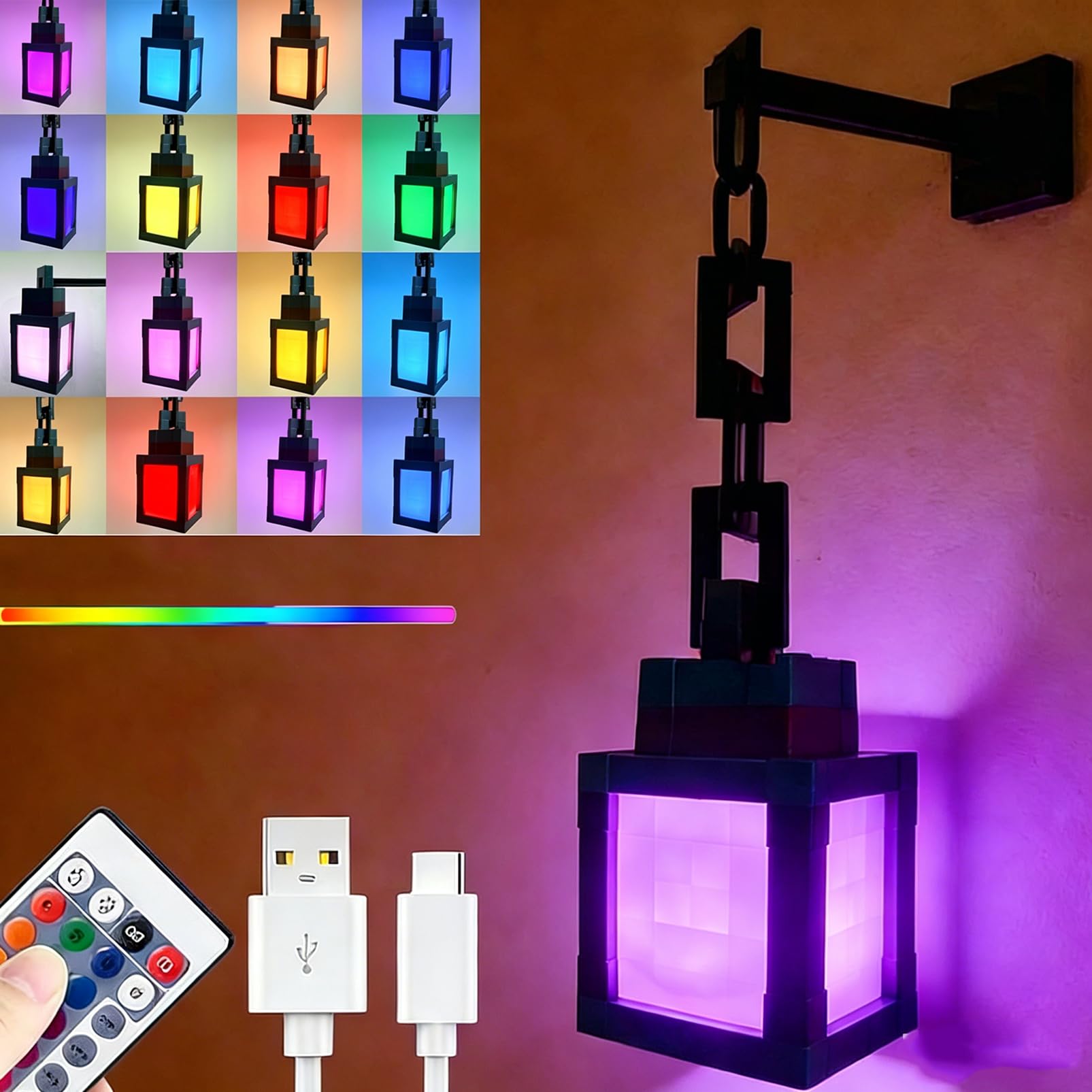 Rehenbsem Pixelated Lantern Night Light,2026 Xmas Gift LED 16 Colors Change Hanging Chain Lamp,Rechargeable Wall Tabletop Night 
