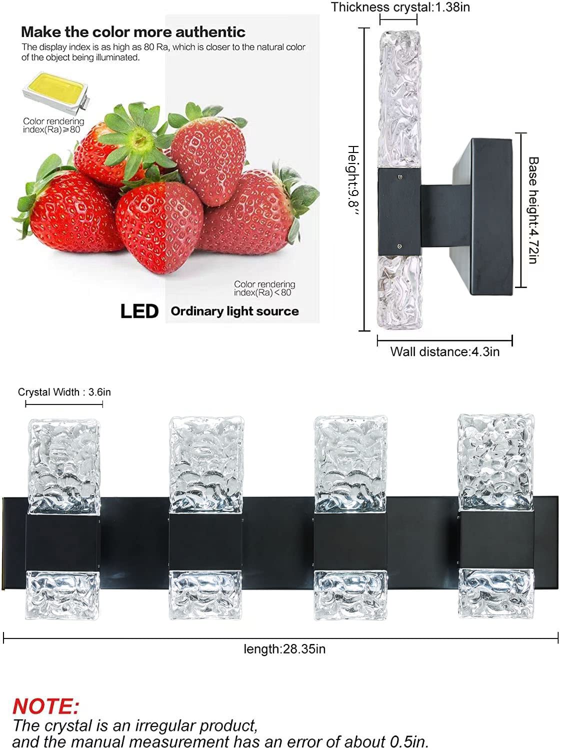 Oylyw 4-Light Black Crystal Bathroom Vanity Light, Modern Led Wall Light, 6000K Cool Light