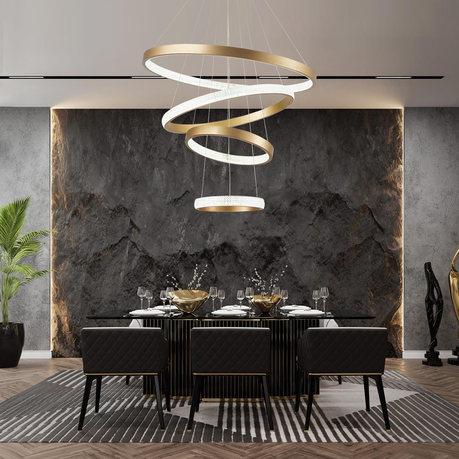 EMBRING Gold Crystal Chandelier 31.5" Dimmable LED Light Fixture, Modern 4 Ring Design, Aluminum, Model SW004-4Rgd-CY-3468