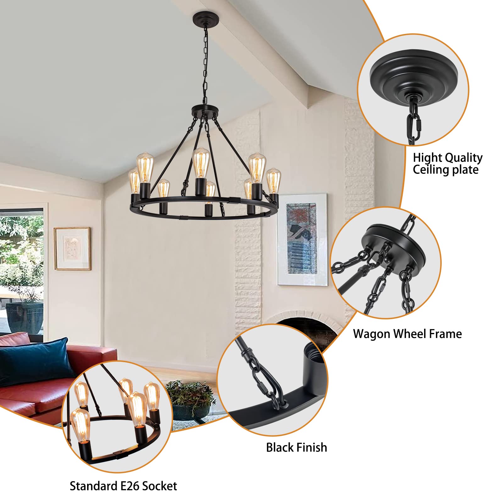 Rviezza 8 Lights 23.6'' Wagon Wheel Chandelier, Farmhouse Chandelier, Rustic Vintage Round Farmhouse Pendant Lighting, Black Met