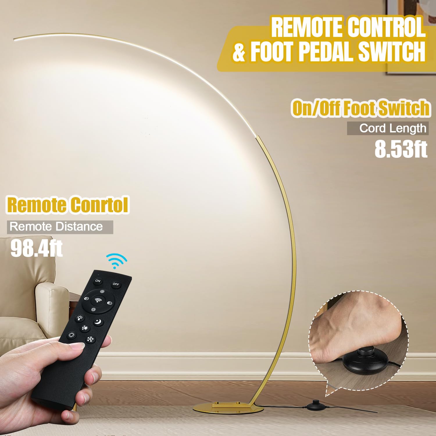 Torondo Dimmable Led Floor Lamp With 3 Color Temperatures, Ultra Bright 2000Lm Gold Arc Floor Lamp, Modern Standing Tall Lamp Wi