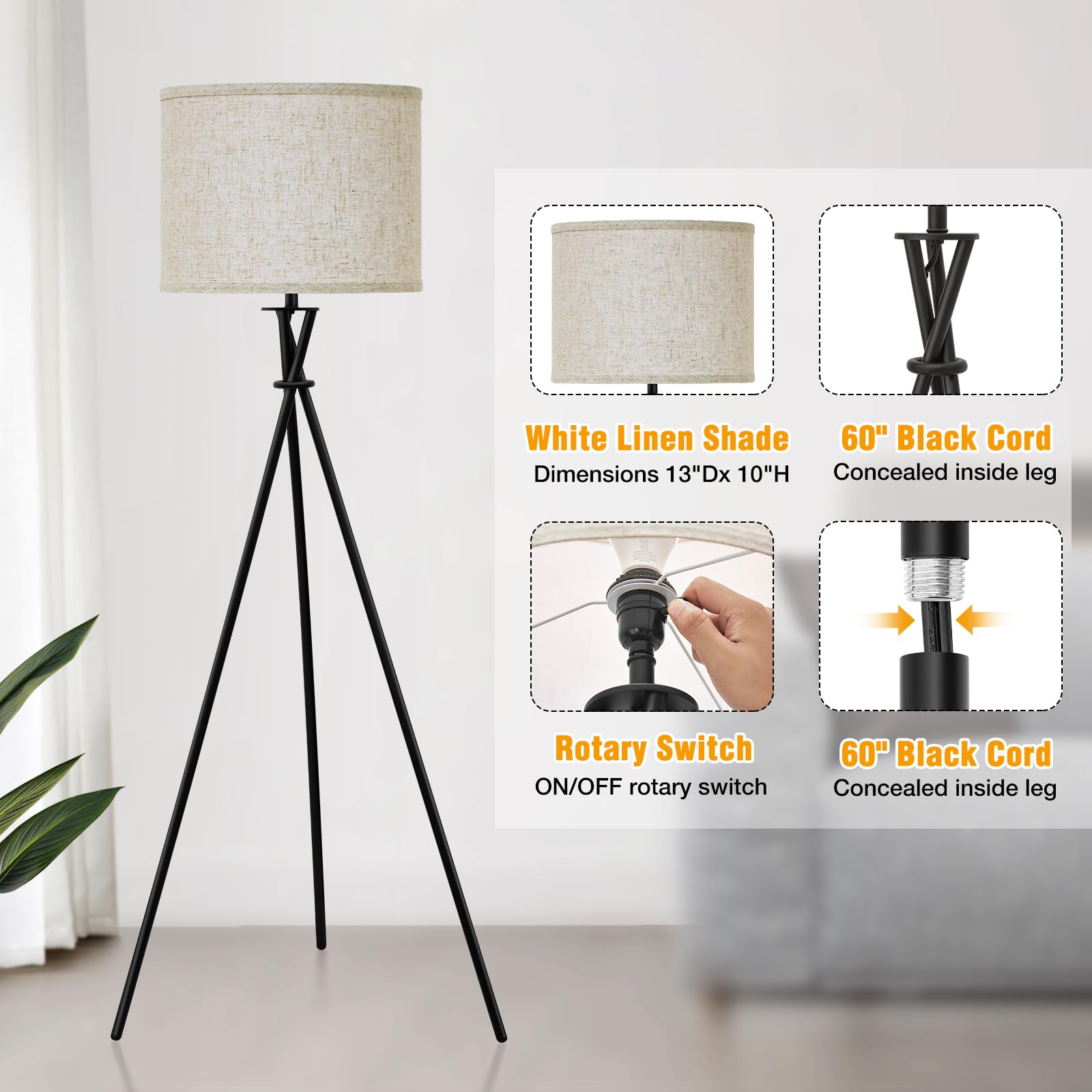 Luvkczc Tripod Floor Lamp, 61in Tall, Black Metal with Beige Shade, Model 1FL-054-03