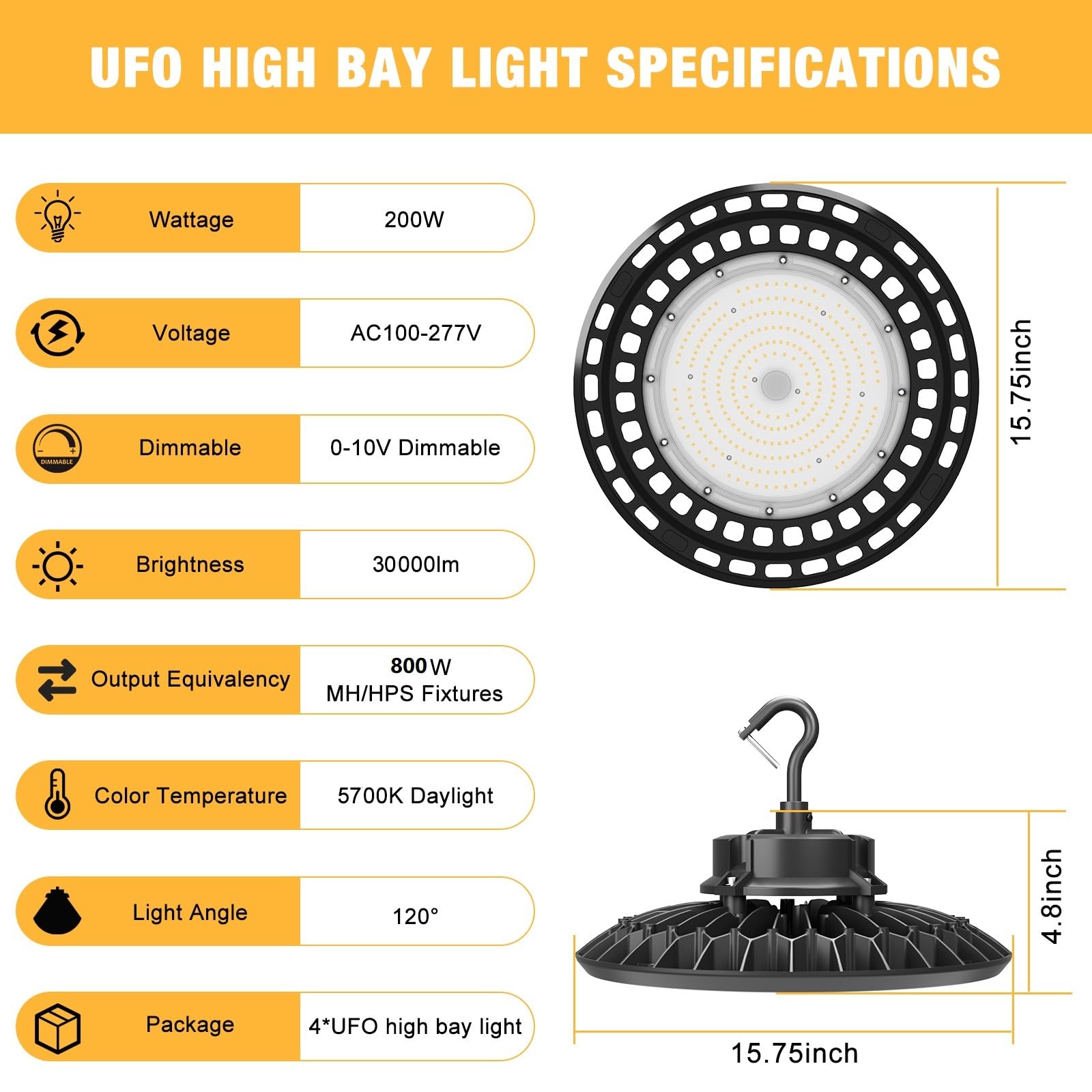 Jc-Lgl Led Ufo High Bay Light 200W 5700K 4Pack, Shop Lights, 5' Cable With Us Plug, Hanging Hook, Safe Rope, For Warehouse, Factory, Barn, Shop