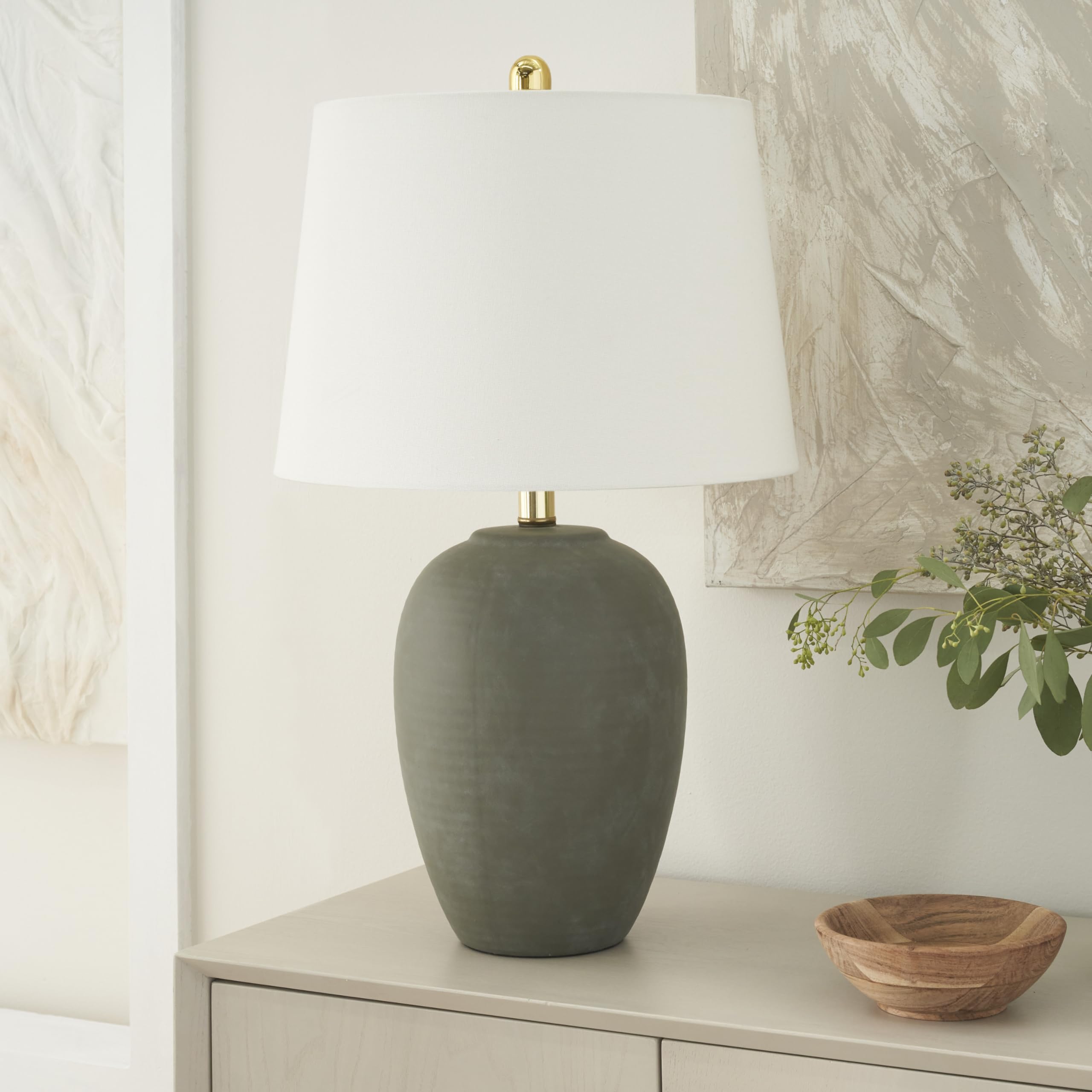 Nourison 23'' Olive Green Ceramic Pot Table Lamp for Bedroom, Living Room, Dining Office, with White Tapered Drum Shade