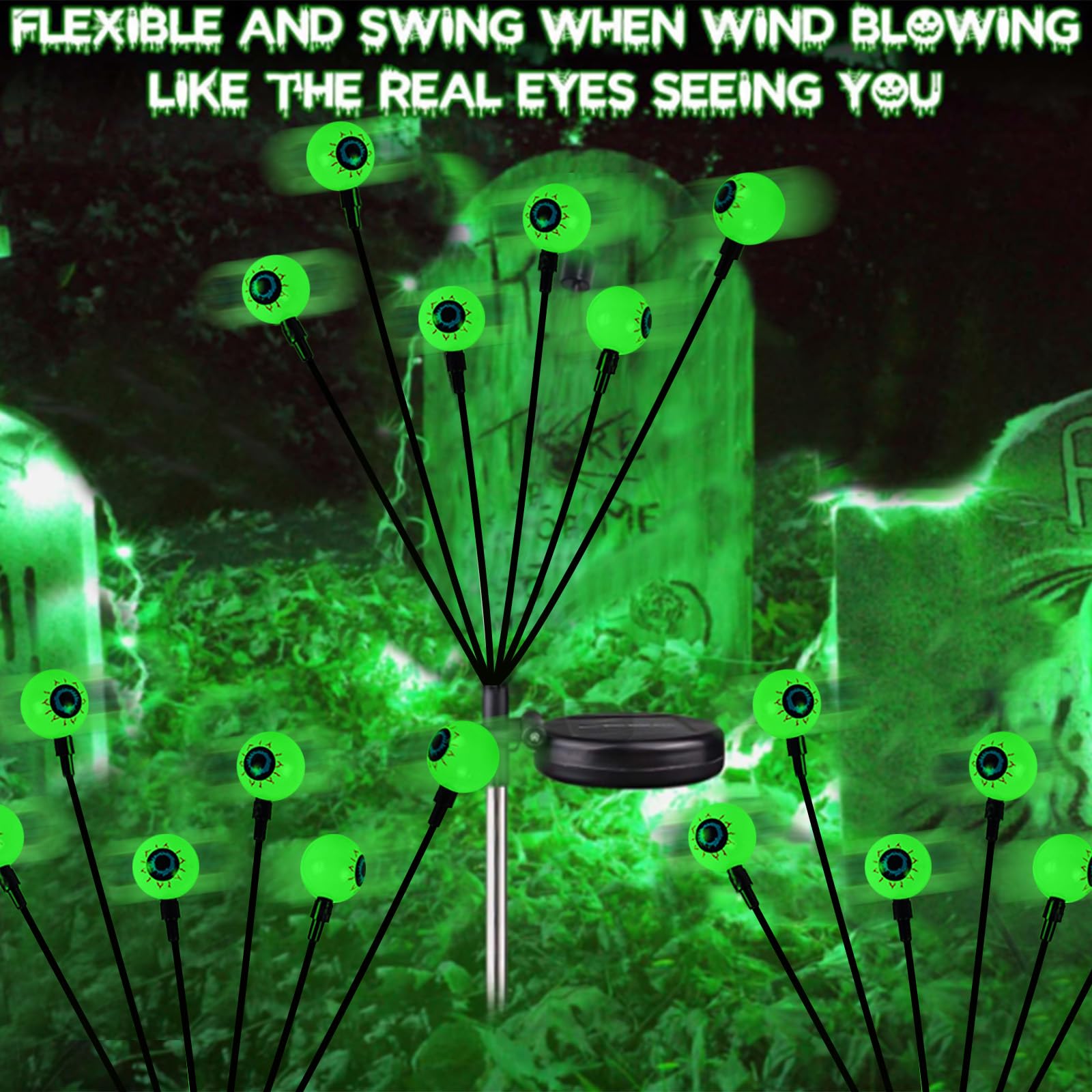 YIQU Solar Eyeball Lights - 24 LED Green, 4 Pack, Waterproof, 2 Lighting Modes for Outdoor Halloween Decorations