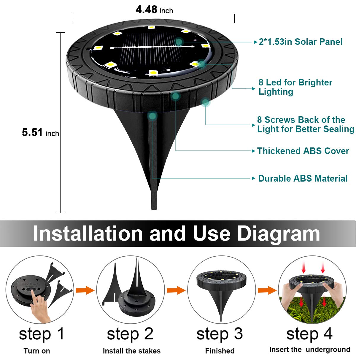 KDORRKU Solar Powered Ground Lights 8 Pack, IP68 Waterproof LED Disk Lights for Garden, Black Pathway & Deck Lighting, Warm White