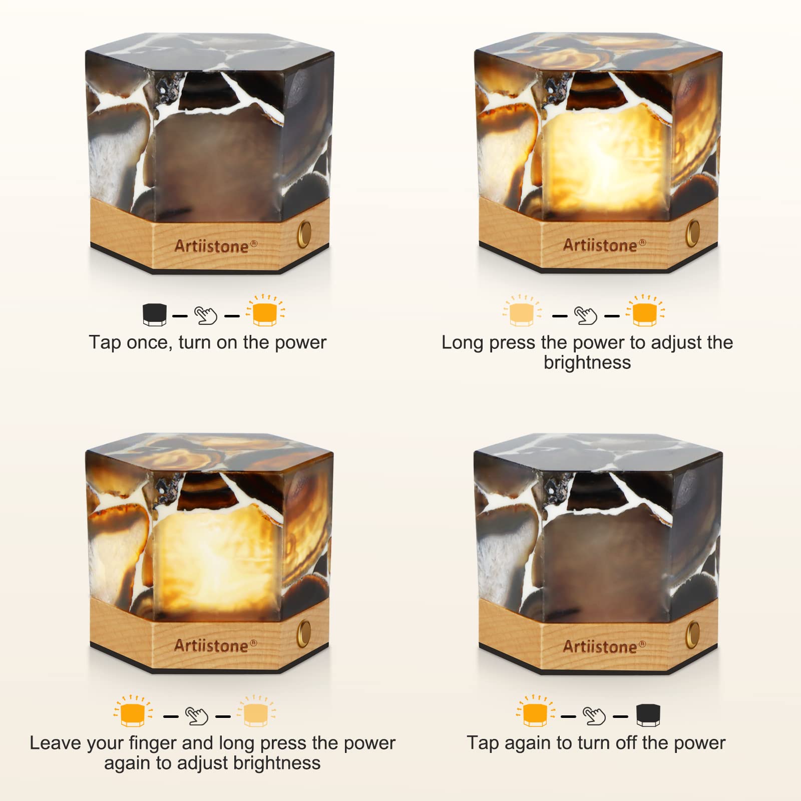 Artiistone Agate Night Light Natural Crystal Stone Led Touch Lamp Carved Gemstone Lights With Wooden Base Usb Rechargeable For H