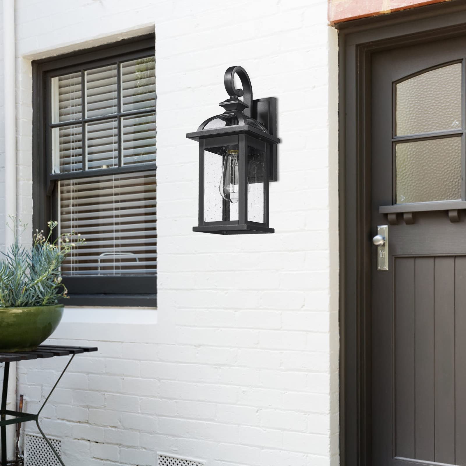 Darkaway Outdoor Wall Sconce, Waterproof Seeded Glass, 15in Aluminum, Black-Seeded Glass, Model 6D5B, 1 Pack