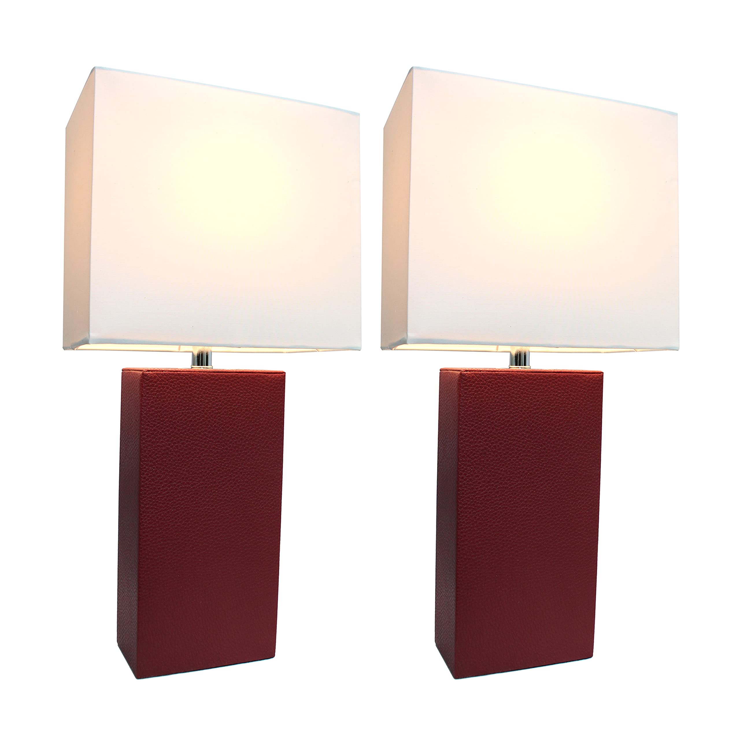 Elegant Designs Lc2000-Red-2Pk 2 Pack Modern Leather Table Lamps With White Fabric Shades, Red