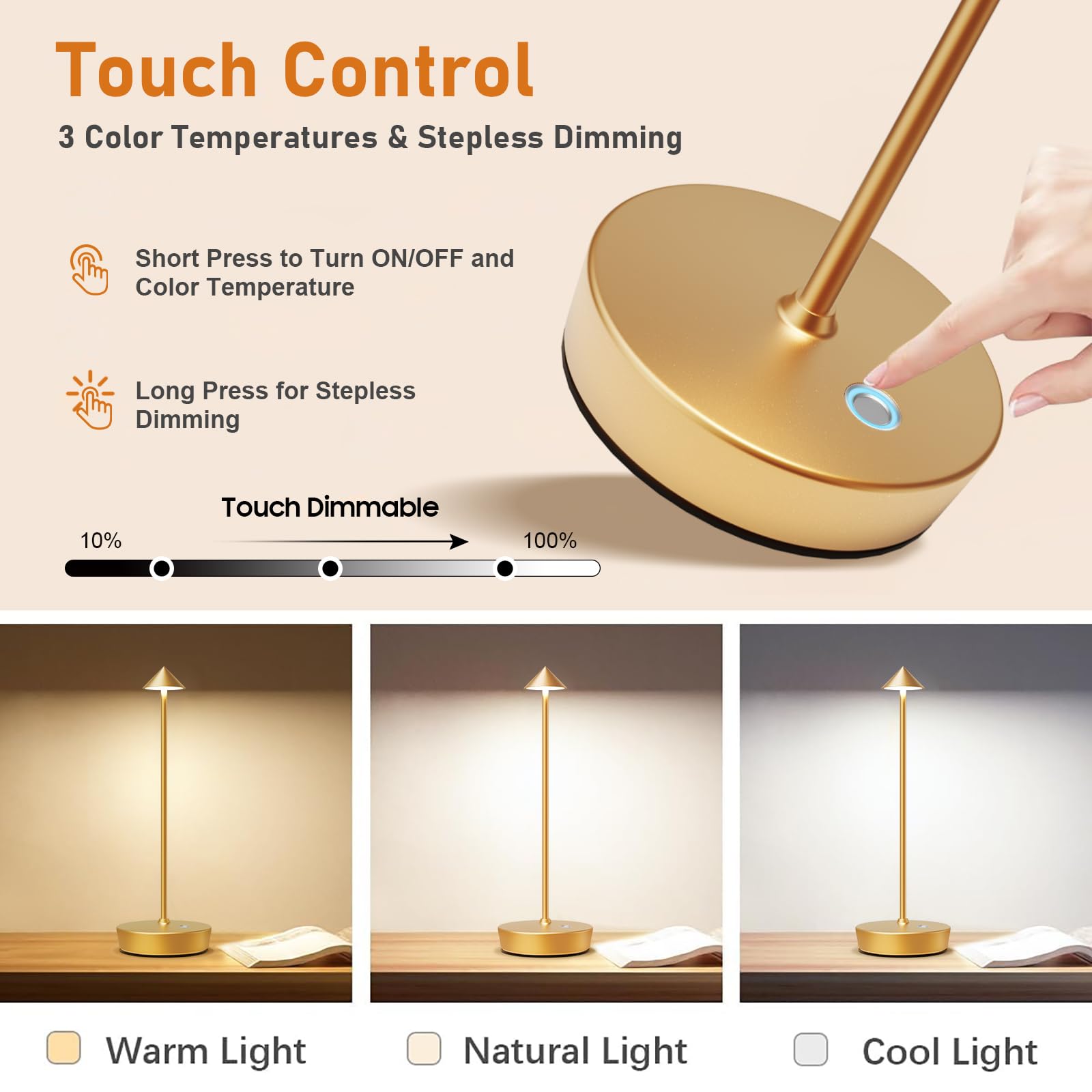 Tpczqj Rechargeable Cordless Table Lamp, 6000mAh LED, Touch 3 Color Dimming, 2Pack, Gold