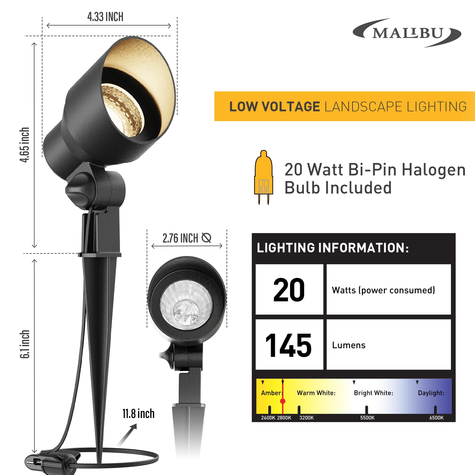 Malibu 20W Landscape Lighting Outdoor Landscape Spotlights Low Voltage 12V Ac Warm White Lighting 145Lumen Waterproof For Driveway Yard Lawn Patio Walls Trees 8Pack 8301-9604