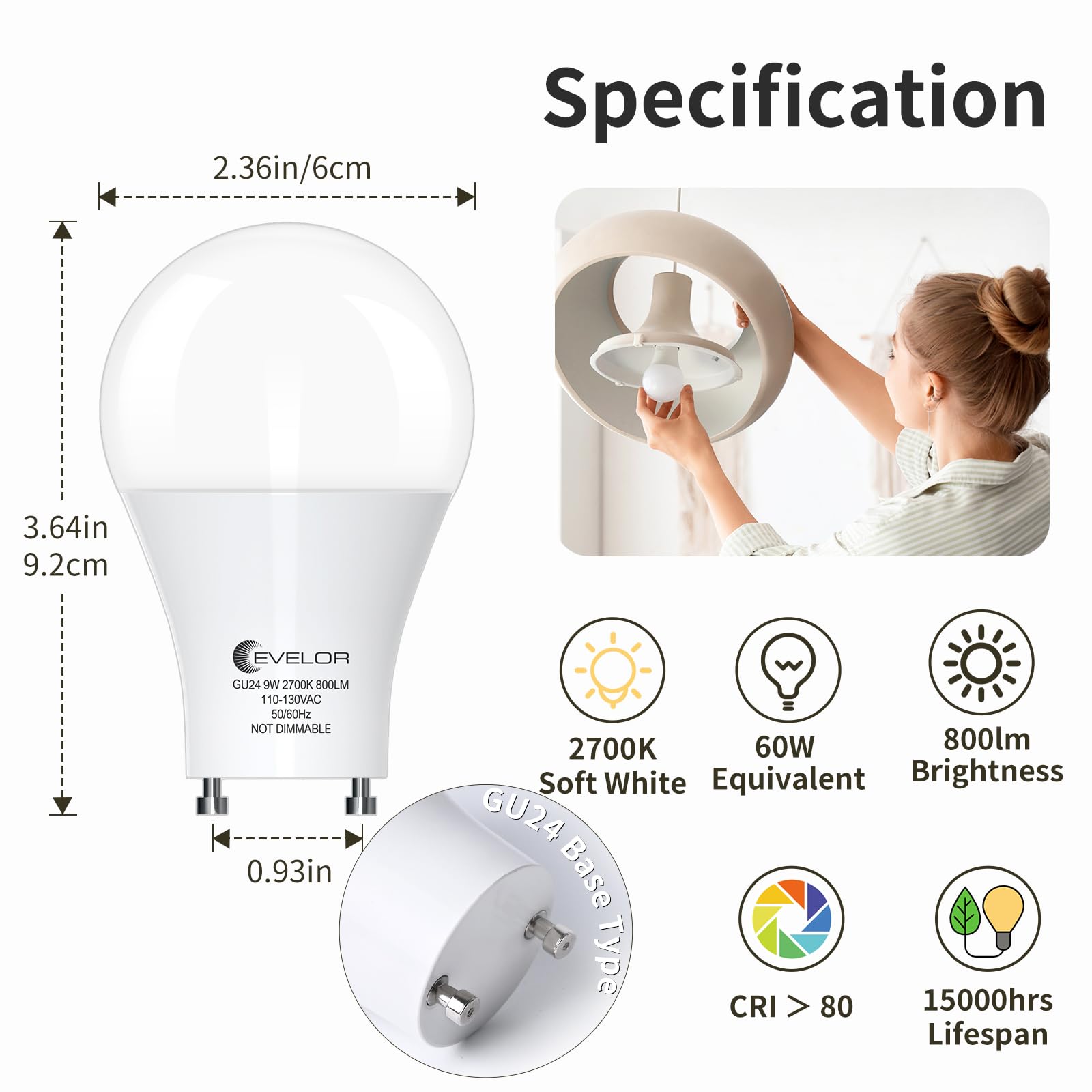 evelor GU24 LED Light Bulb 60W Equivalent 9W Soft White 2700K Non-Dimmable 800 Lumens 4-Pack