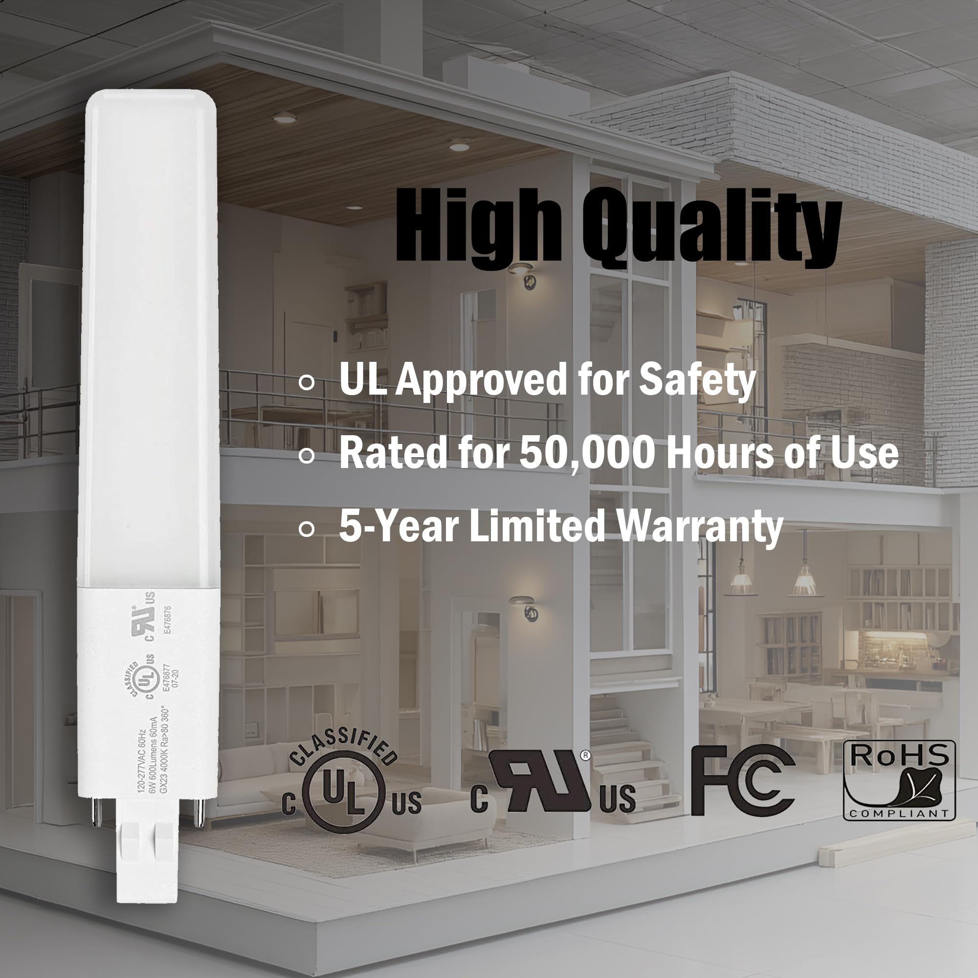 Legental GX23 LED Bulbs, 6W (13W CFL Equivalent), 2-Pin PL, Warm White 3000K, 2 Pack, UL Listed, Plastic