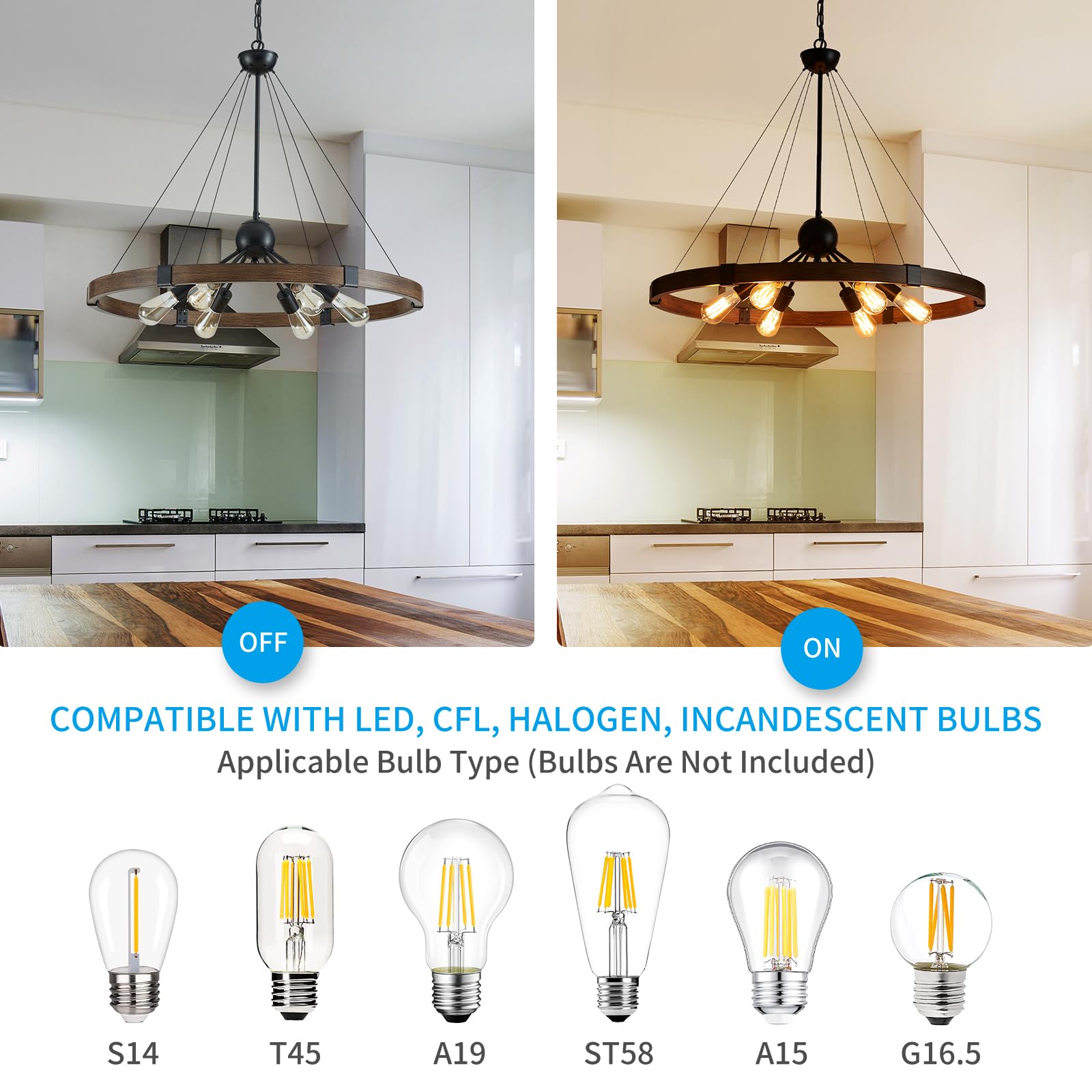 Xingqi 31.5" Wagon Wheel Chandeliers Large Modern Farmhouse Light Fixture, Black & Wood Grain Finish 6-Light For Dining Room Living Room Office