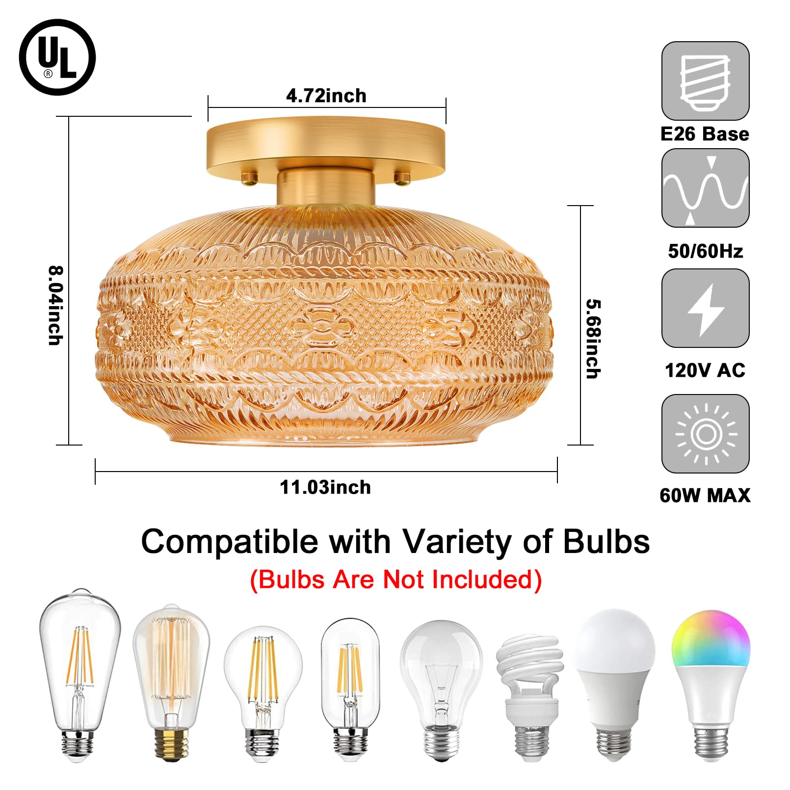 Apoto 11'' Large Semi Flush Mount Ceiling Light,Amber Globe Glass Ceiling Light Fixture,Vintage Hallway Light Fixture Ceiling,Cl