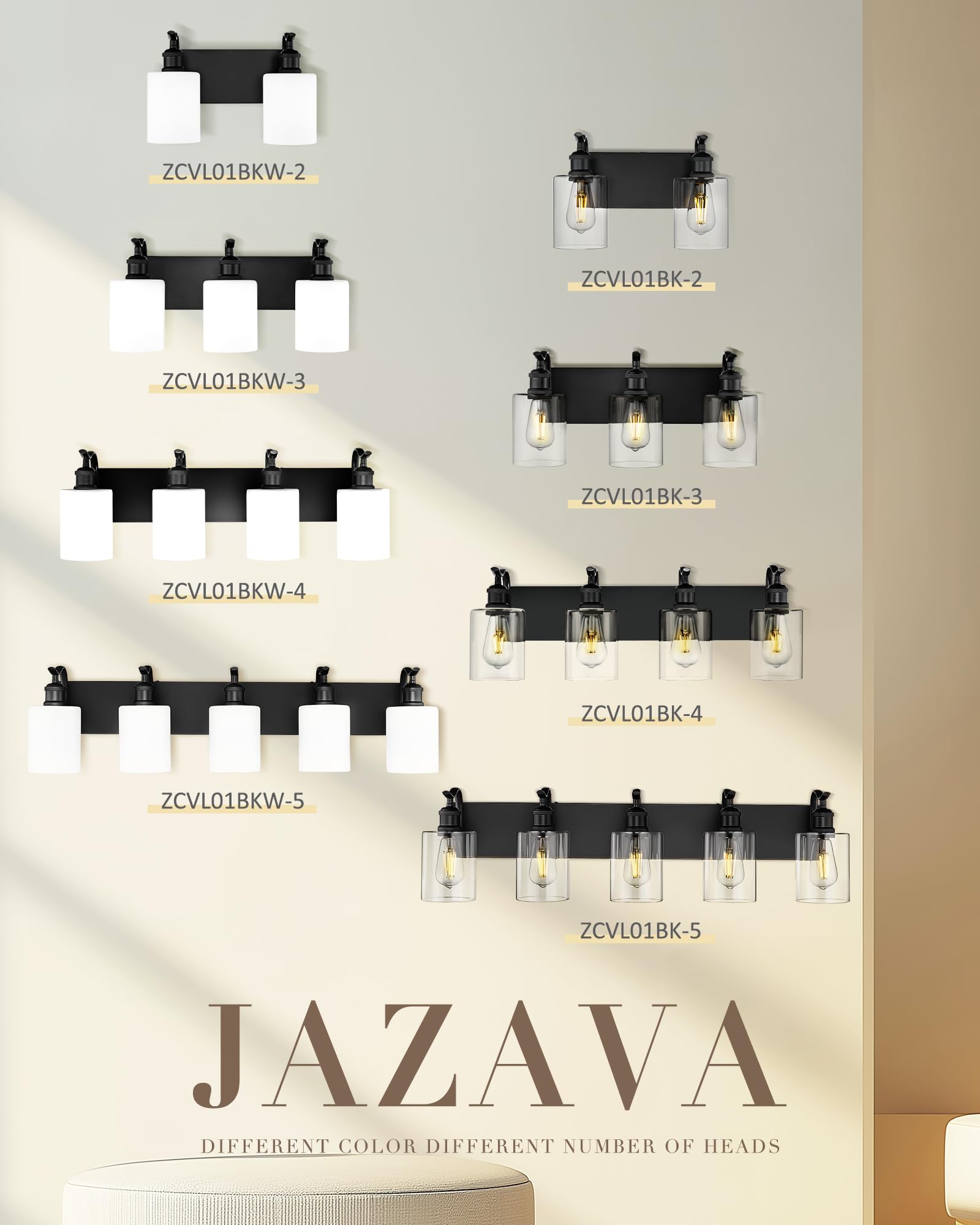 JAZAVA 5-Light Bathroom Vanity Light, Modern Black Wall Sconce, Metal & Milk Glass, Model ZCVL01BKW-5