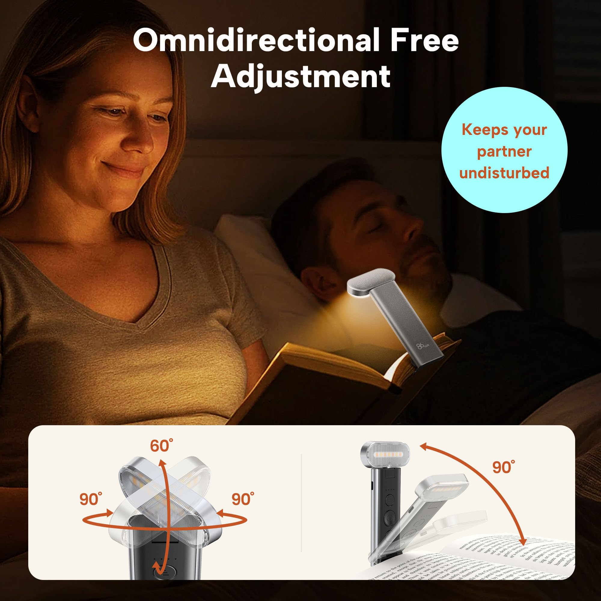 86lux Book Light, USB Rechargeable LED, 3 Colors & Dimming, Model OK25, Silver White
