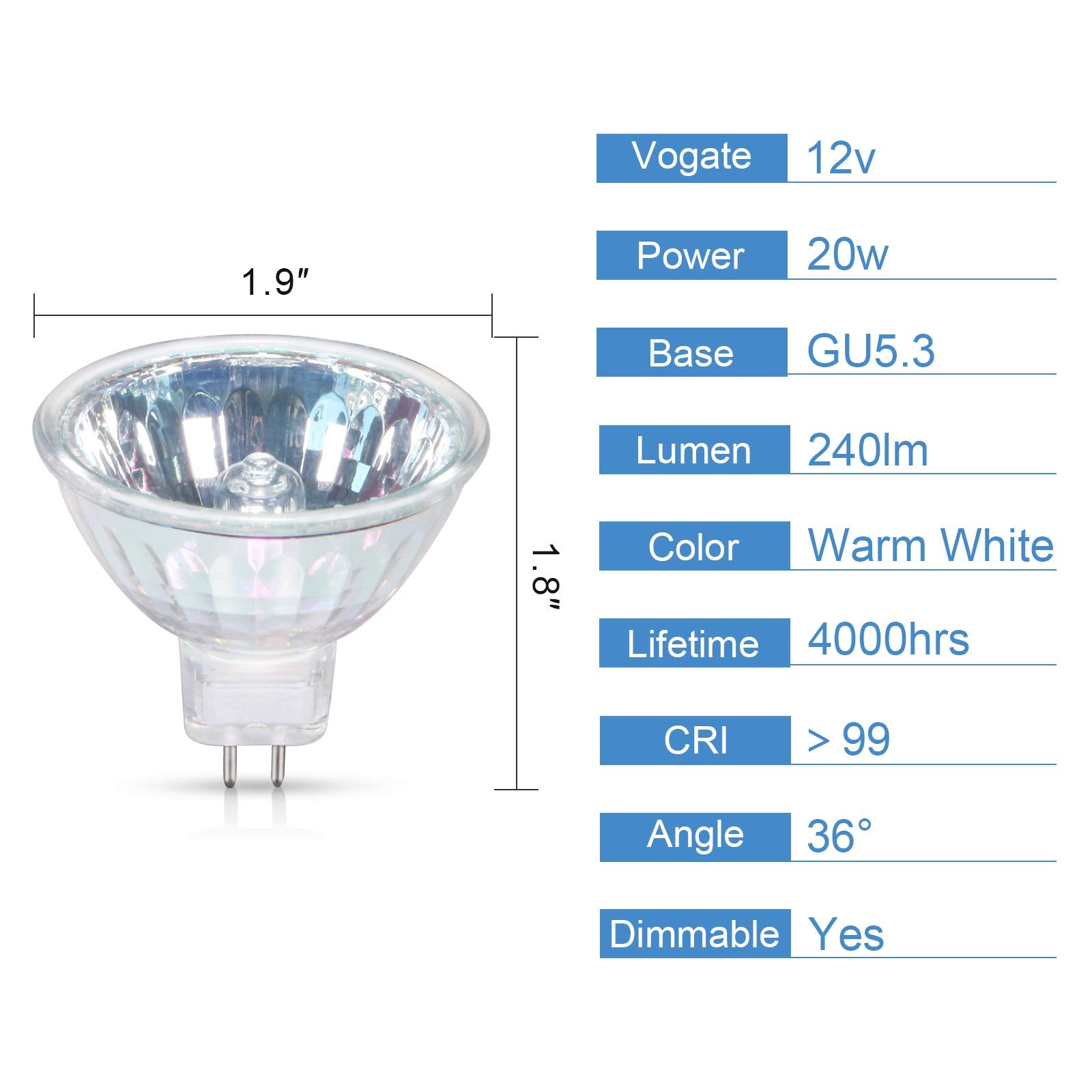 Gmy 6-Pack Mr16 12V 20W Bulb, 4000Hr Long Lifetime, Warm White Dimmable Gu5.3 Bi-Pin Base Spotlight Mr16 Halogen Bulb For Desk L