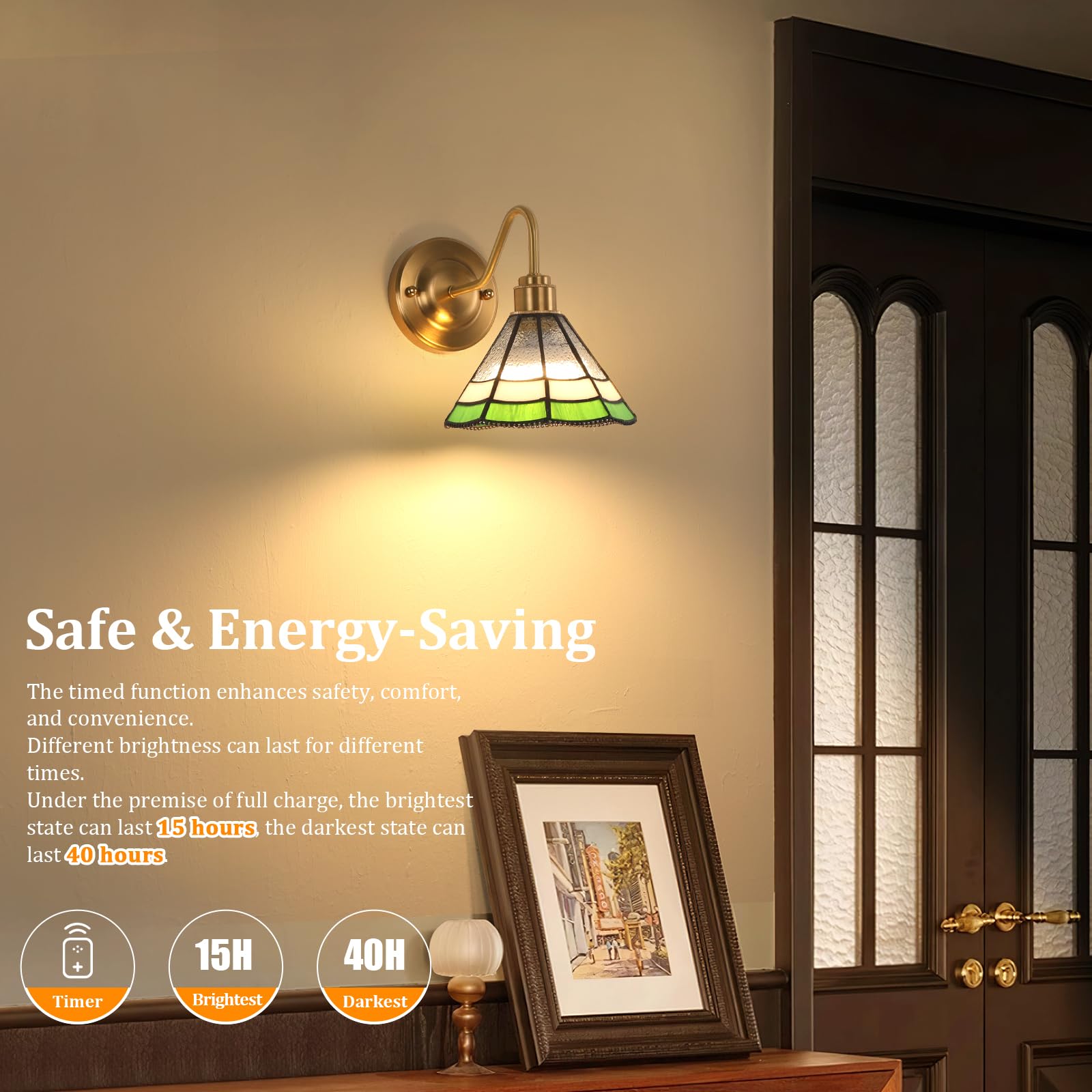 Shenmoyl Vintage Battery Operated Wall Sconce With Remote, Rgb Led Wall Lamp 12 Colors Dimmable, Brass Wall Lights Fixture For Bedroom Bathroom Living Room Hallway Green Multilayer Petal
