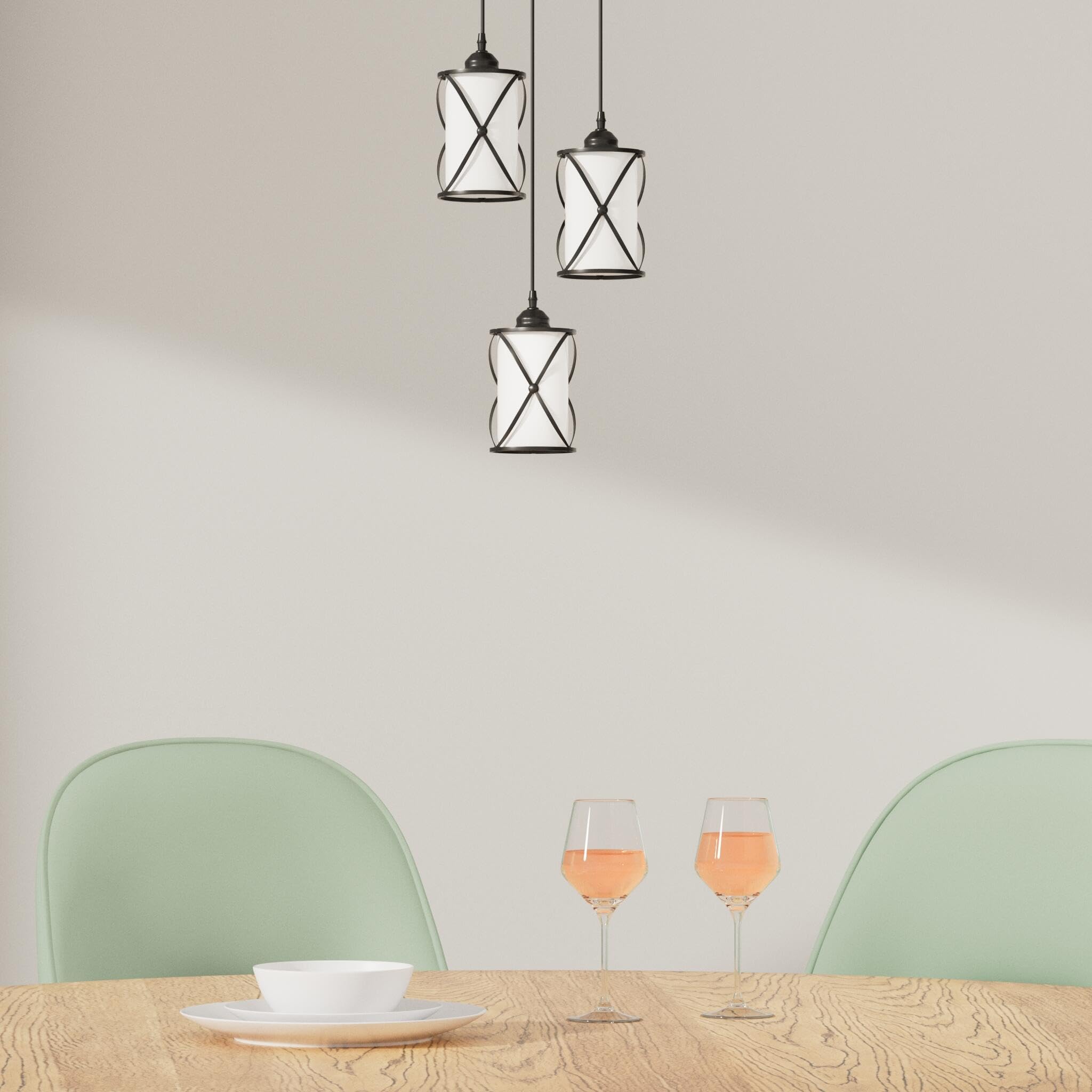 Dumaiway 3-Light Metal Cage Pendant Light, Black Glass Shade For Kitchen, Dining, Farmhouse