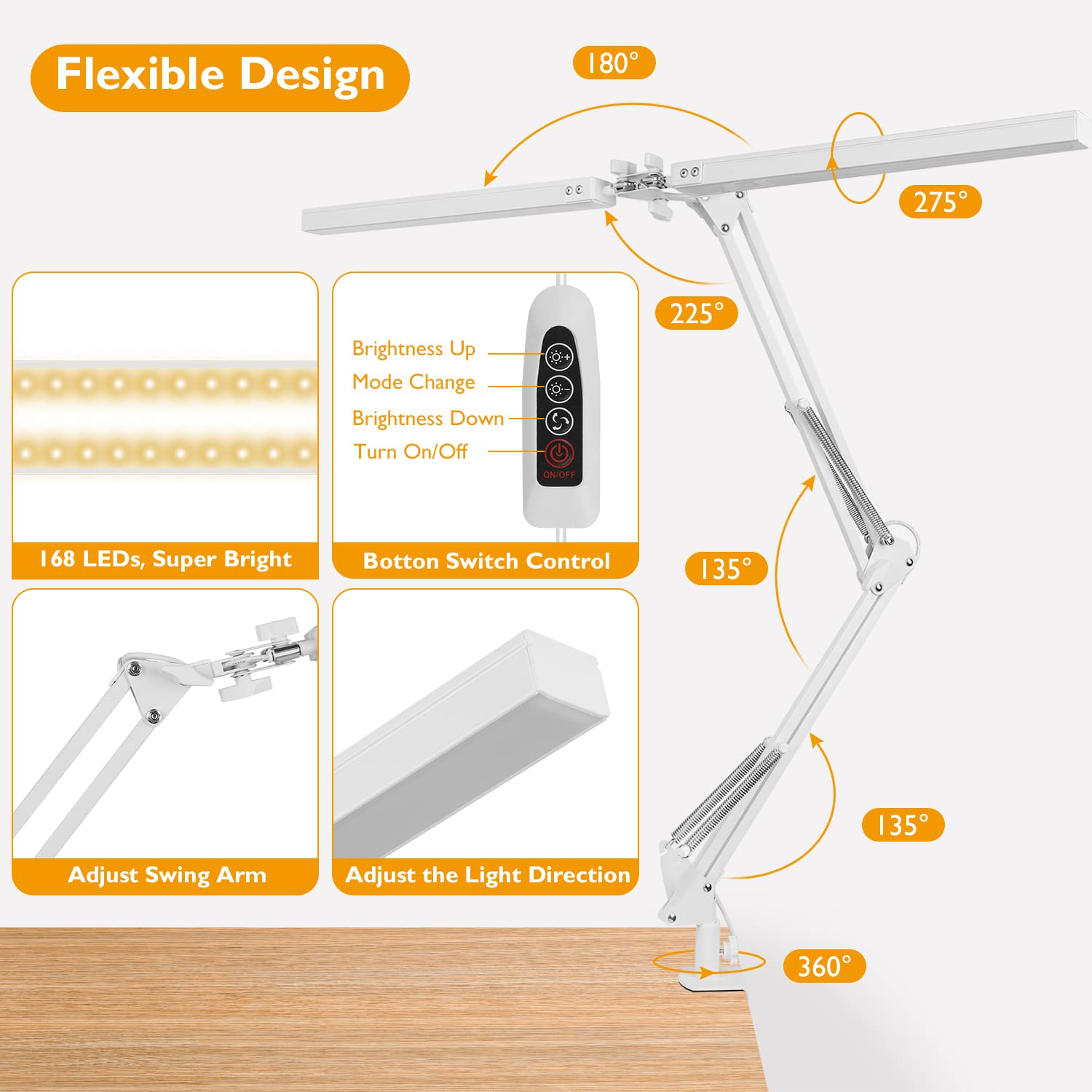 Jostic Led Desk Lamp With Clamp, Super Bright Double Head Desk Lamps For Home Office, 5 Color Modes, 10%~100% Dimmable Brightnes