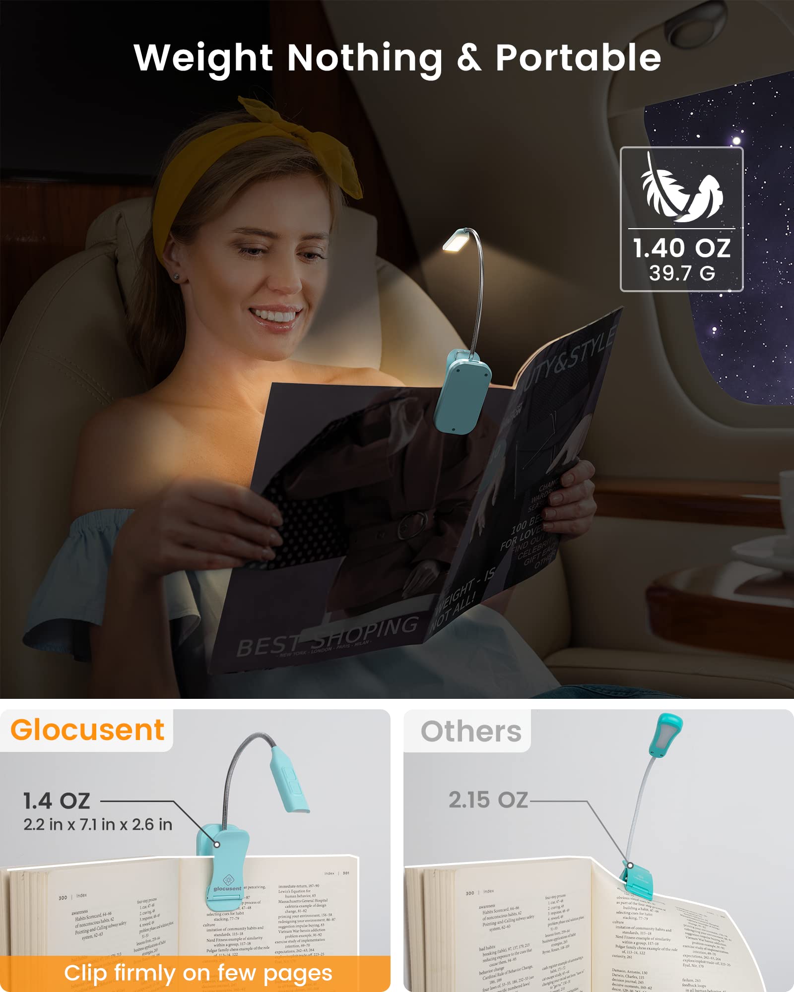 Glocusent Willow Book Light For Reading In Bed, 10Led Bright Reading Light, 3 Colors & 3 Brightness, Rechargeable Book Light Lasts For 80Hr, Lightweight Clip On Book Light, Perfect For Book Lovers