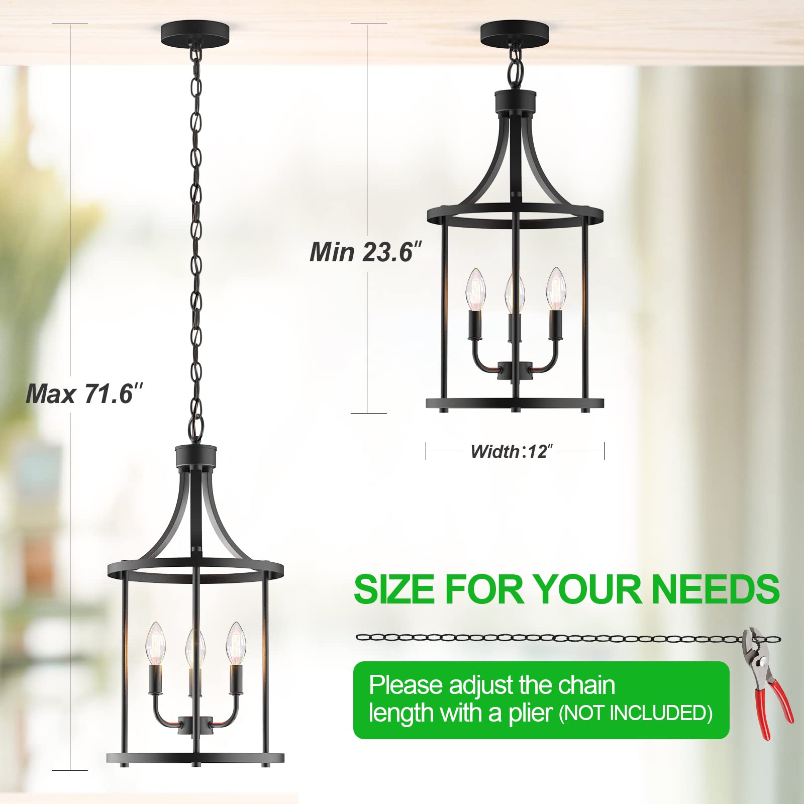 Partphoner 3 Light Black Chandelier Pendant Light Fixture For Dining Room Foyer Kitchen Island