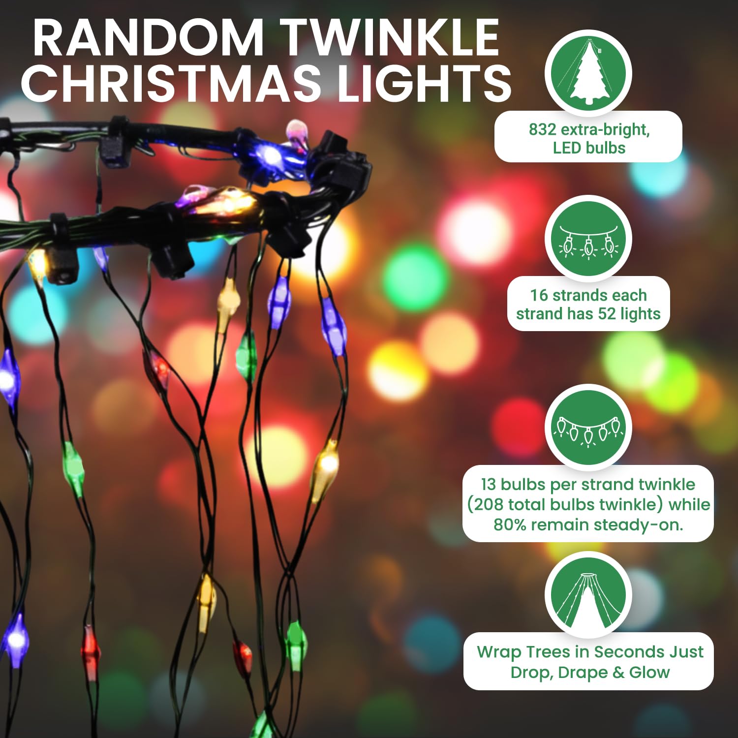 Tupkee LED Multicolor Christmas Tree Lights - 8 Feet Twinkle String, 208 of 832 Lights, Plastic Material, Model JT-DC120V0700-D