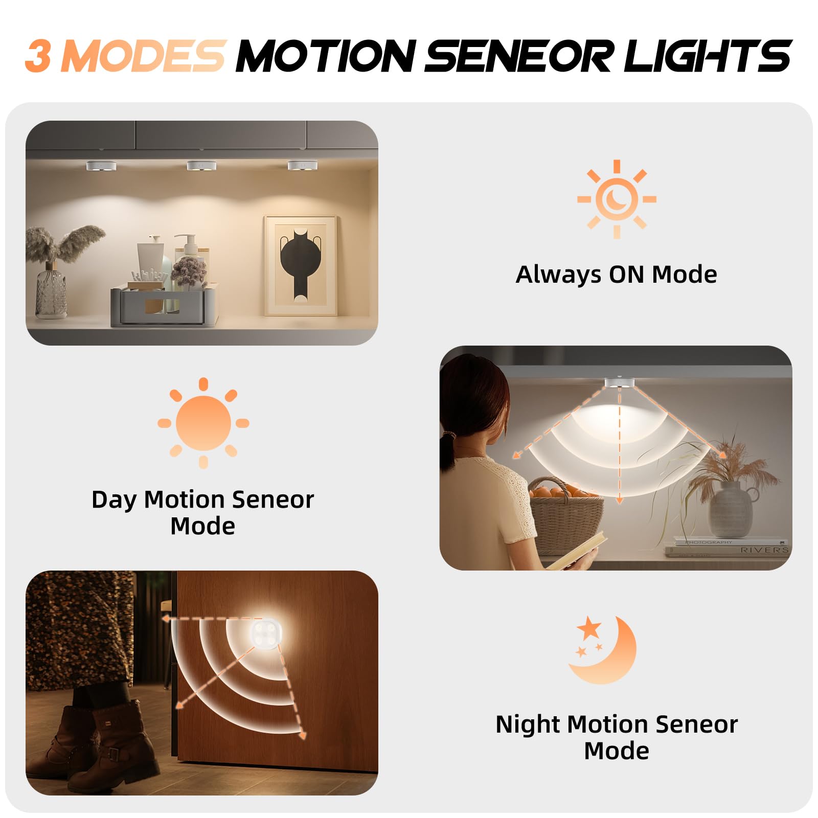 Lightbiz 3PCS Motion Sensor Closet Puck Light, Wireless Rechargeable, 3 Colors Light, 3 Pack with Stand, Model C930-3C-3PCS