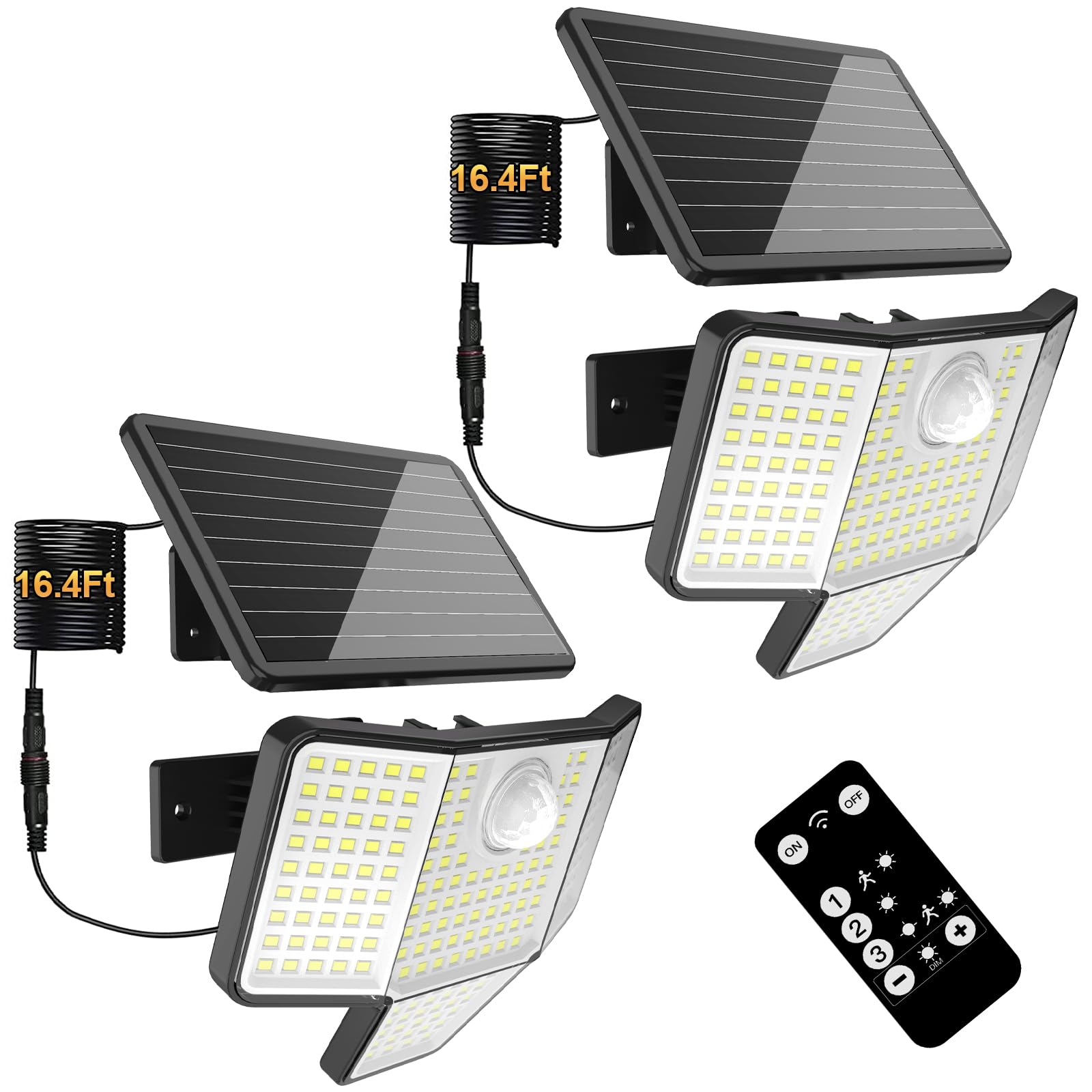 Solar Motion Lights Outdoor with Remote Control, 4-Sided Wide-Angle Illumination, 3-Stage Dimming, 3 Modes, Dusk to Dawn, 16.4ft