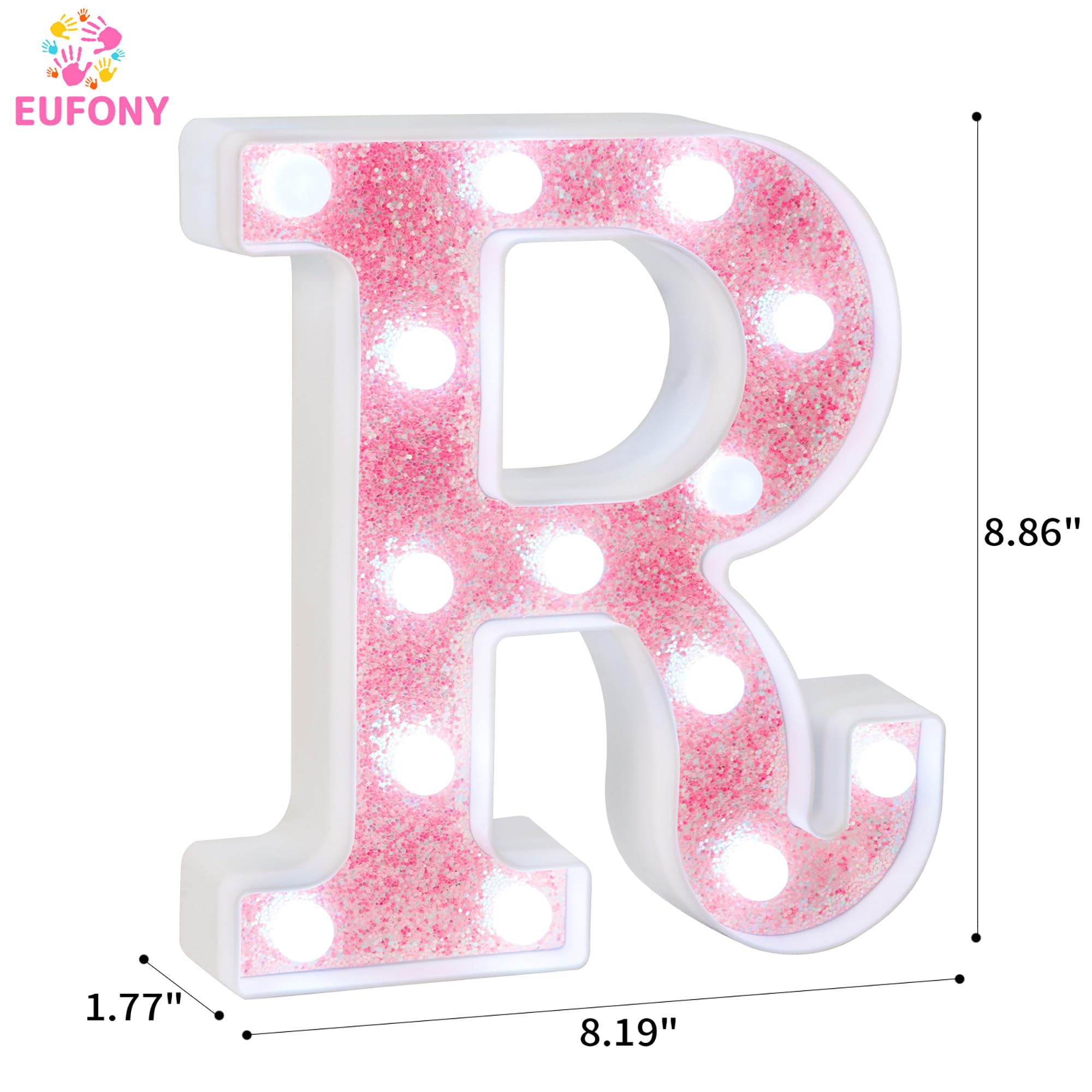 eufony LED Marquee Light Letter R, Glitter Pink, Battery-Powered, Cool White Lights, Wall & Table Decor