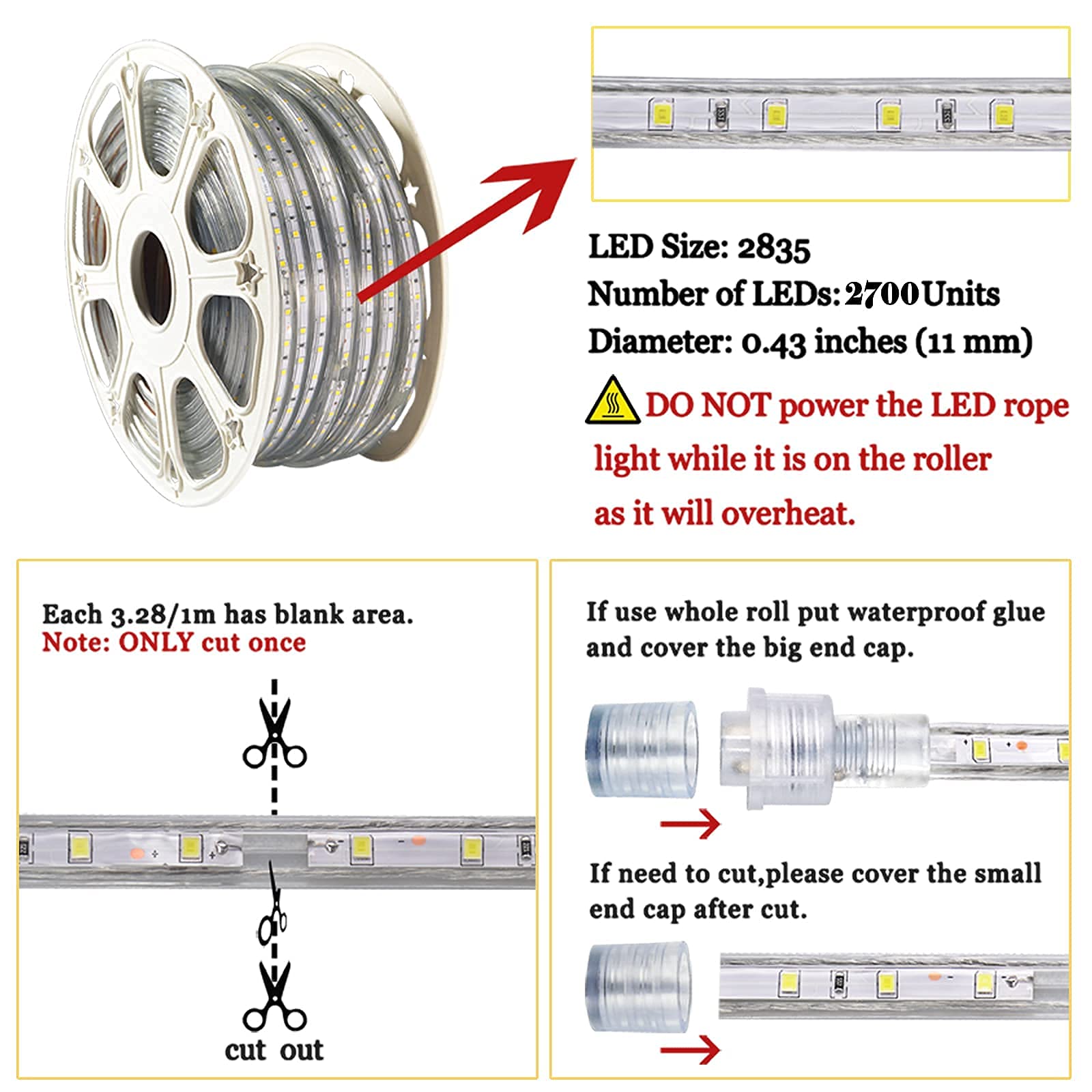 SURNIE 150ft LED Rope Lights - Waterproof Daylight White Dimmable Flat Strip for Indoor/Outdoor Use, Cuttable & Connectable