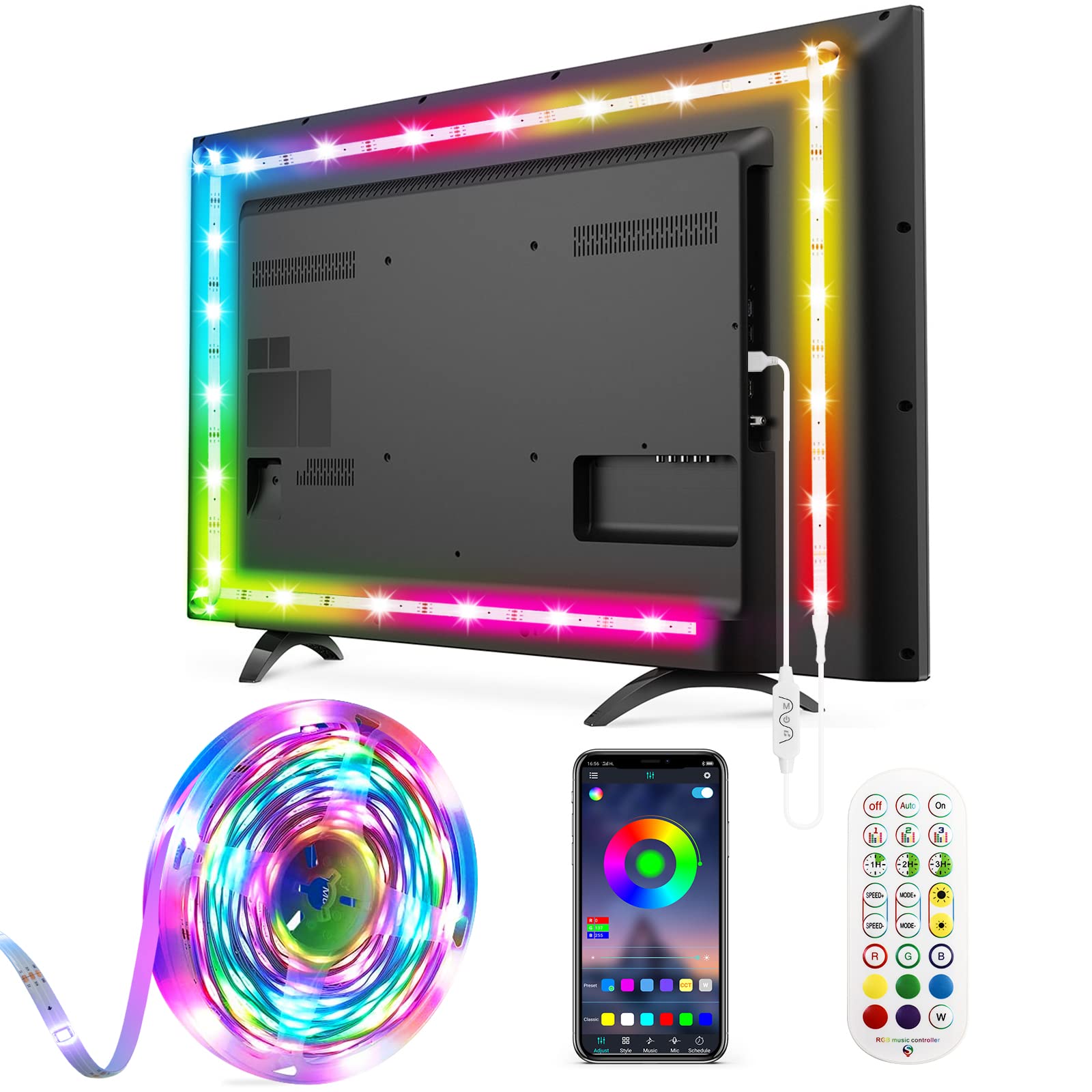 Daymeet TV LED Backlight, 13.1ft RGB USB Strip Lights, Dreamcolor, Sync with Music, Bluetooth APP Control, for 45-60inch TV/Monitor