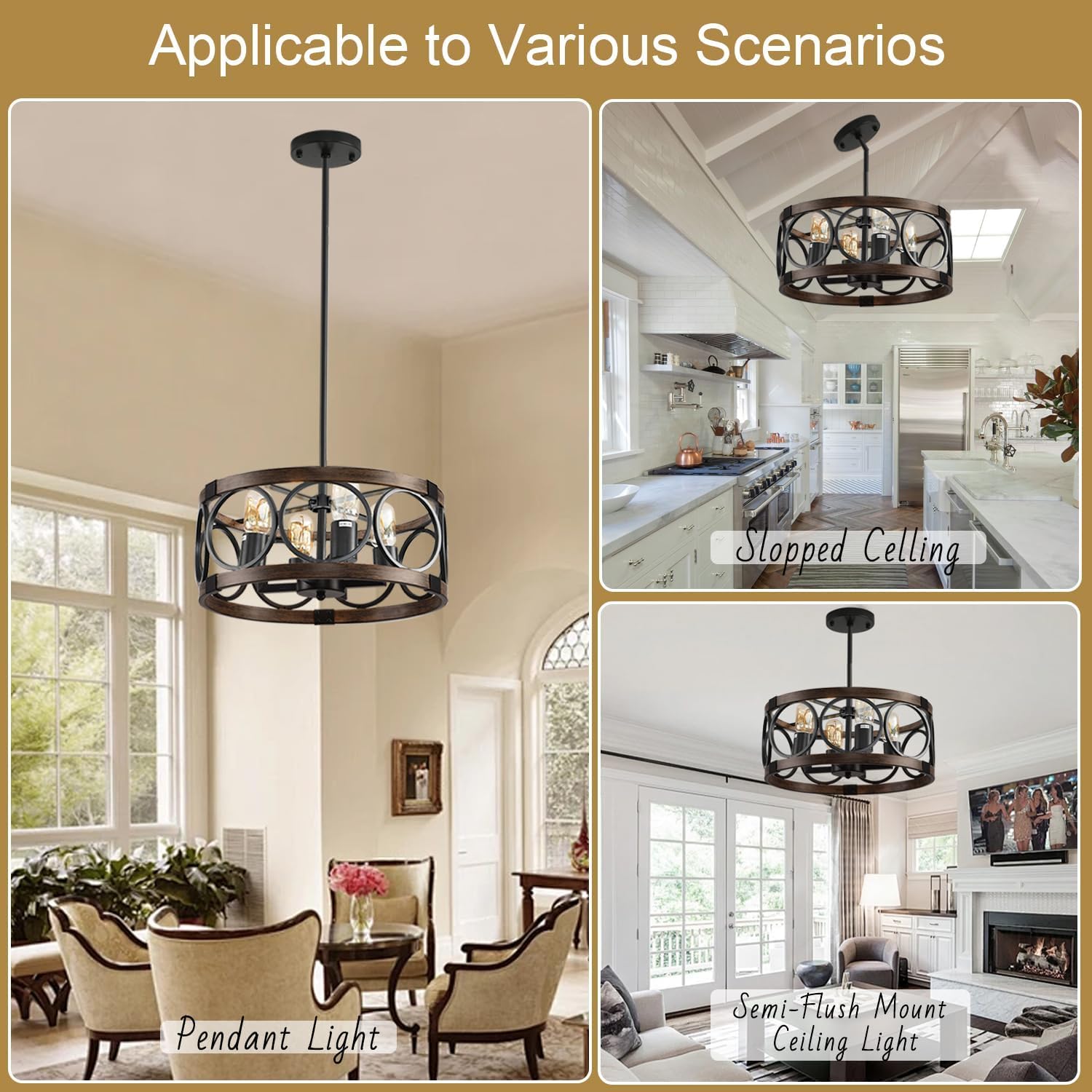 SHIANDAR 4-Light Semi Flush Mount Ceiling Light Fixture - Black Metal Rustic Chandelier for Dining Room, Adjustable Height, Model TYdk-mw All240206