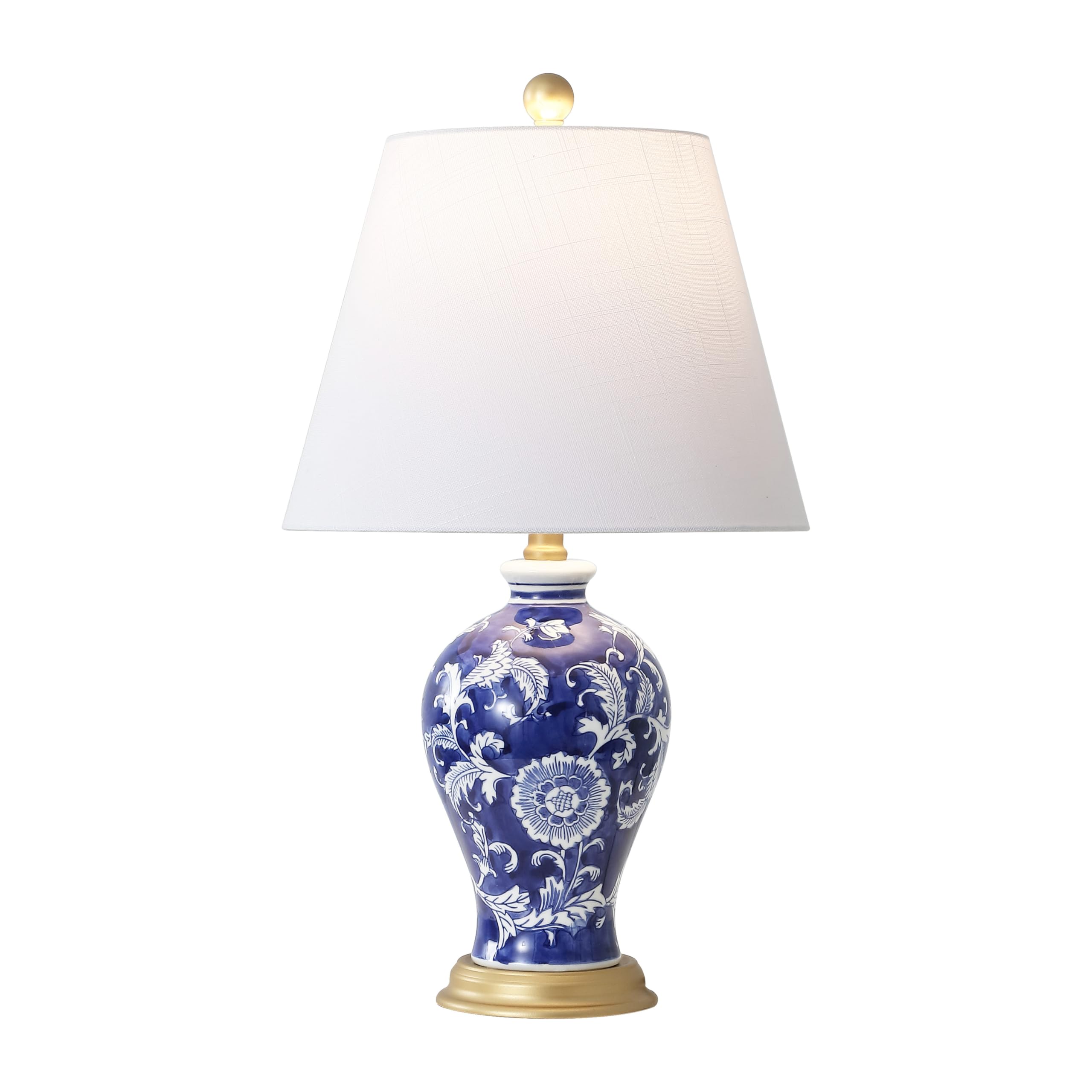 JONATHAN Y 24 Green/White French Country Ceramic Floral Urn Table Lamp, White Linen Shade, Chinoiserie Ginger Jar Bedside Lamp f