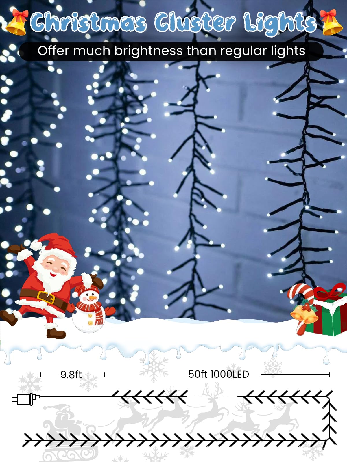 EEW 50FT 1000 LED Christmas Cluster Lights, Waterproof Fairy Twinkle Lights, Remote & 8 Modes, Cool White