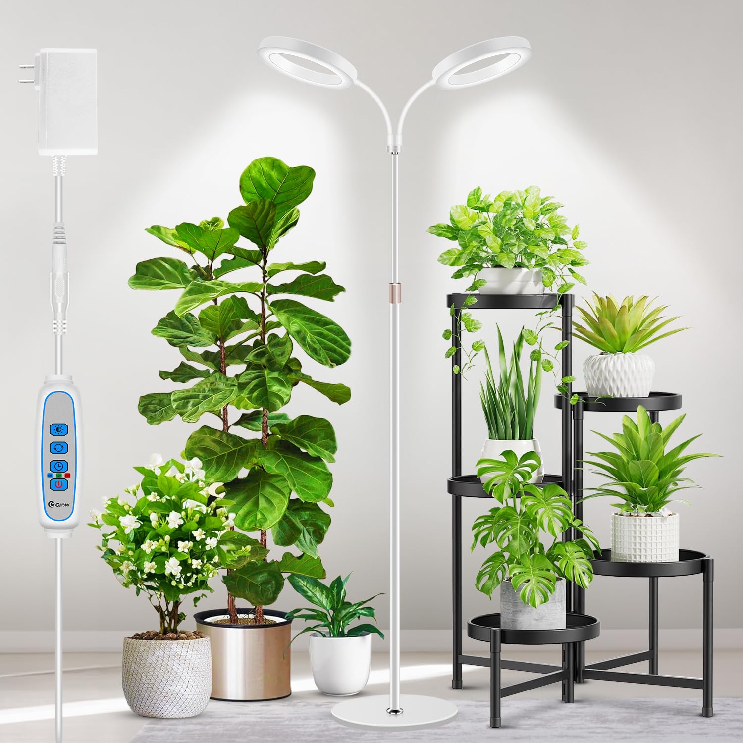 Aumtrly Large Plant Light For Indoor Plants, 2 Head Full Spectrum Grow Light With 68&quot; Adjustable Stand For Growing Large Tall Plants, White Halo Floor Led Grow Lamp With 16 Hour Timer