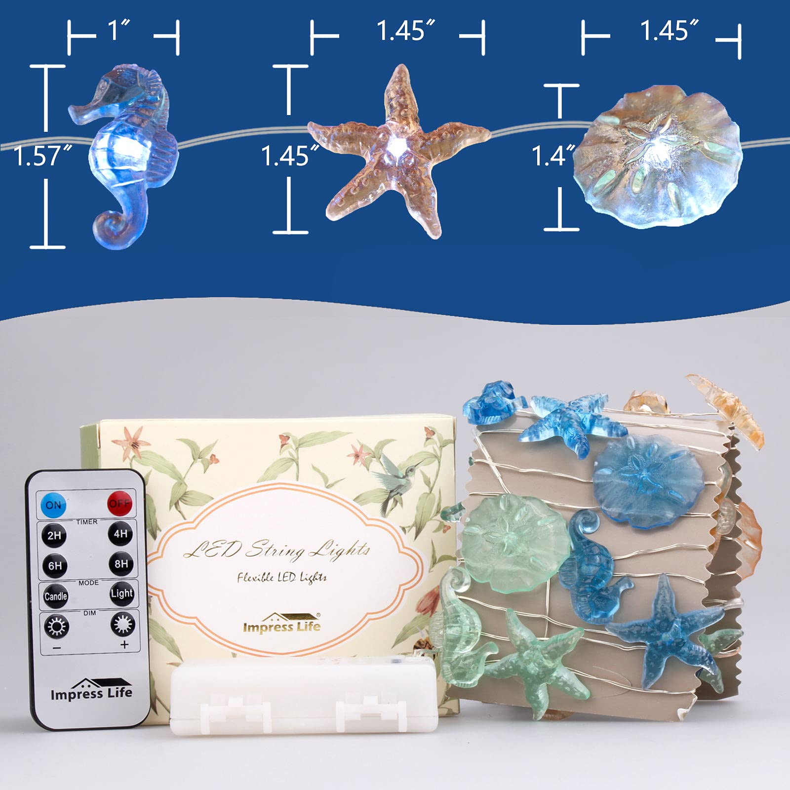 Impress Life Nautical Theme Decorative String Lights, Ocean Decor Under The Sea Sand Dollars Seahorse Beach Lights Battery&Usb P
