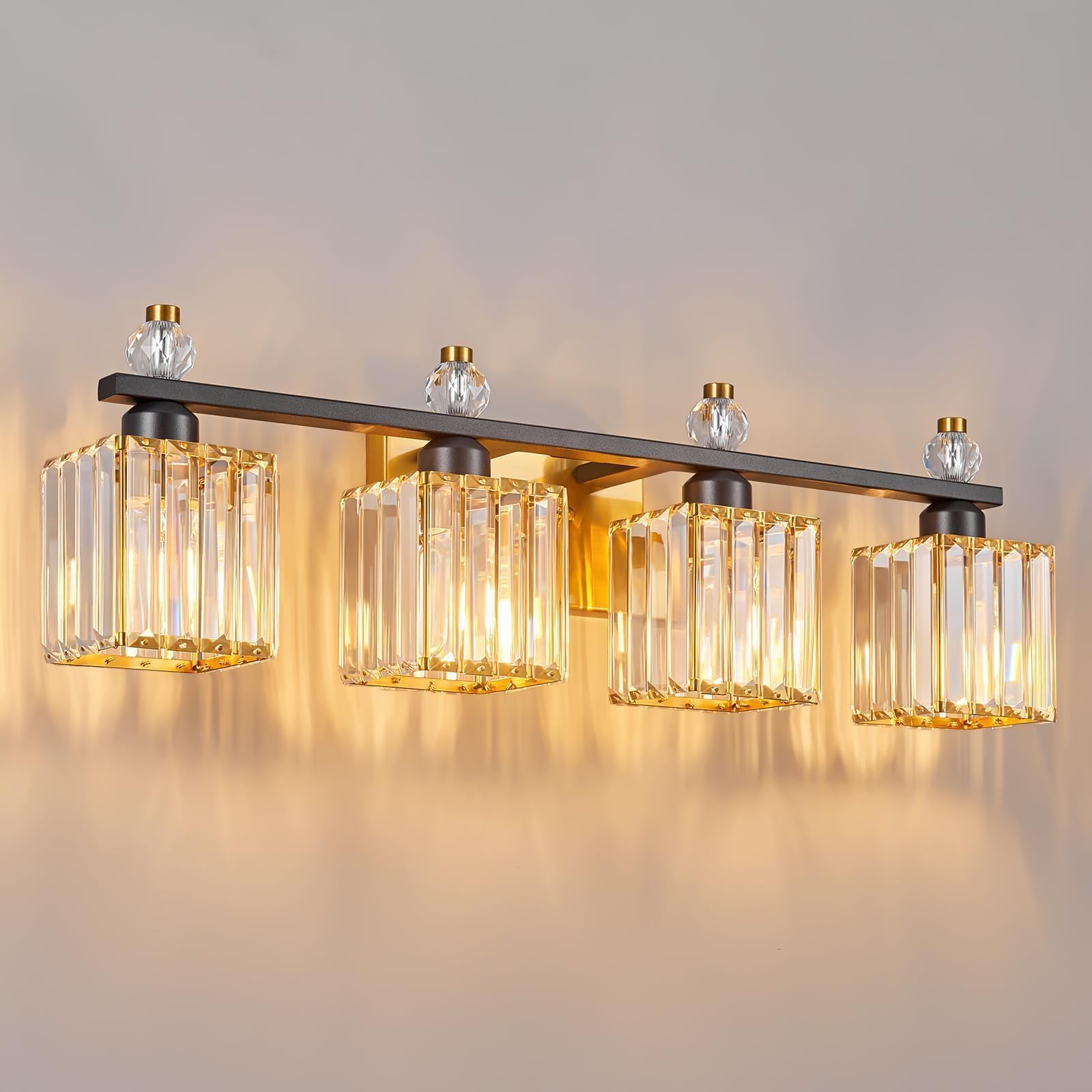 FDPBY 4-Light Crystal Vanity Light Fixtures, Black Gold Metal, Model 290, Modern Bathroom Lighting Over Mirror