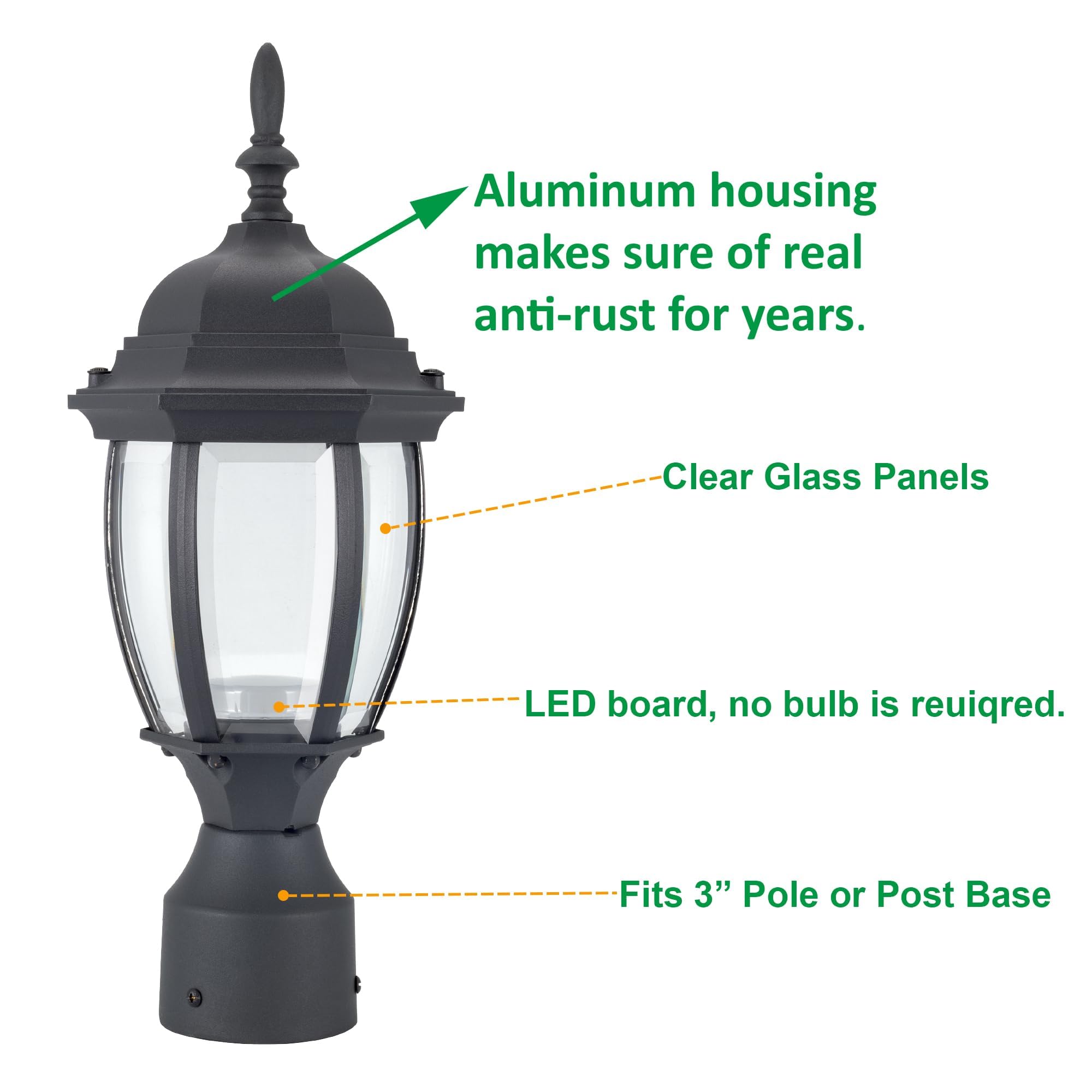 LIT-PaTH LED Outdoor Post Light Fixture, 800 Lumens, 3000K Warm White, Aluminum, Matte Black, Model LT-PL00130K-BK-1PK