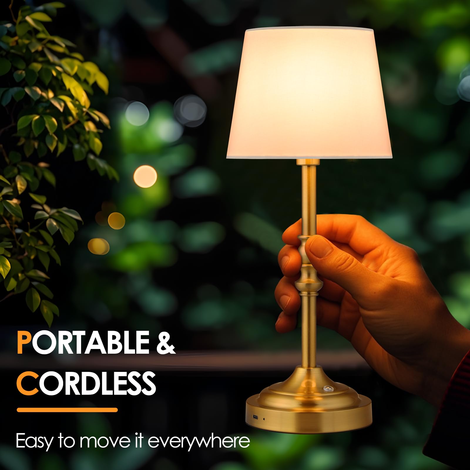 Ggoying Set Of 2 Rechargeable Cordless Led Table Lamps, 4-Level Dimmer, Bronze Portable Desk Lamps With White Fabric Shades, Nig